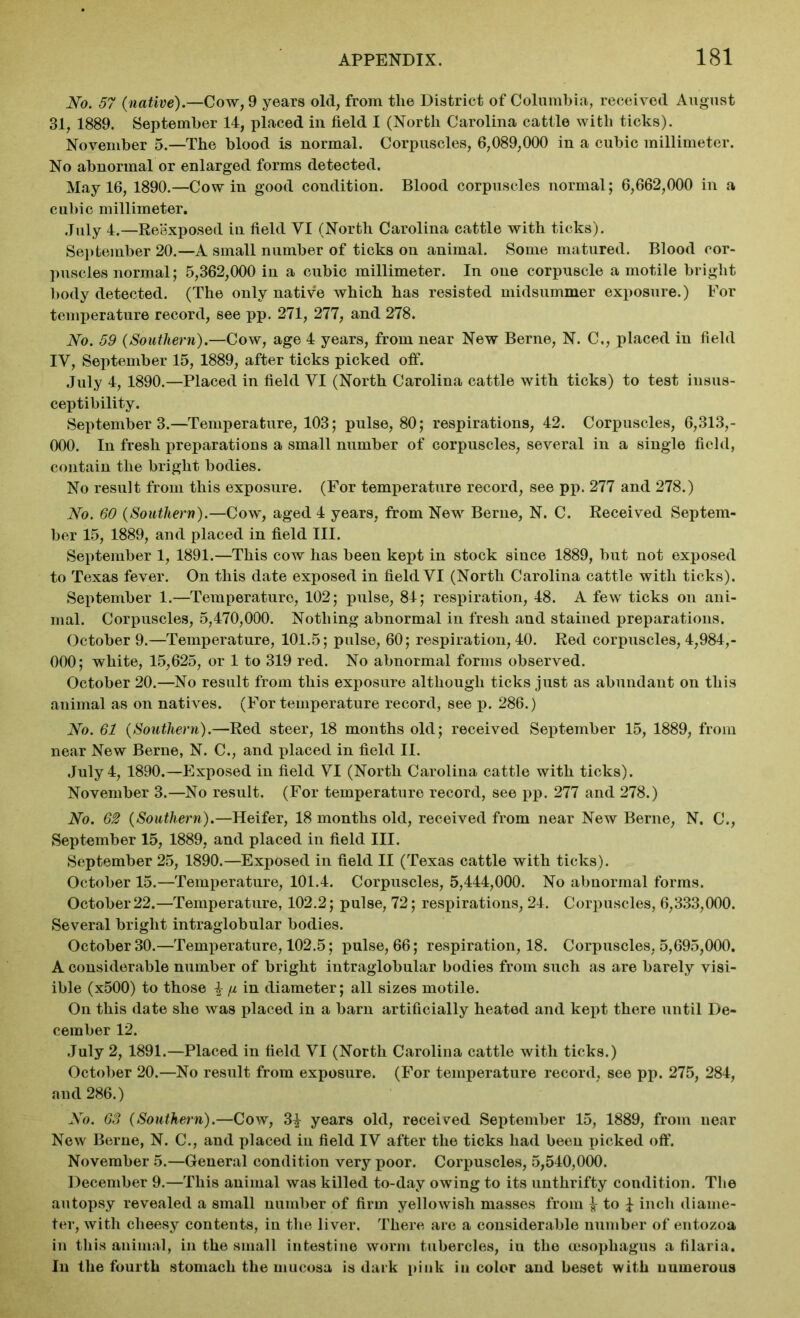 No. 57 (native).—Cow, 9 years old, from the District of Columbia, received August 31, 1889. September 14, placed in field I (North Carolina cattle with ticks). November 5.—The blood is normal. Corpuscles, 6,089,000 in a cubic millimeter. No abnormal or enlarged forms detected. May 16, 1890.—Cowin good condition. Blood corpuscles normal; 6,662,000 in a cubic millimeter. July 4.—Reexposed in field VI (North Carolina cattle with ticks). September 20.—A small number of ticks on animal. Some matured. Blood cor- puscles normal; 5,362,000 in a cubic millimeter. In one corpuscle a motile bright body detected. (The only native which has resisted midsummer exposure.) For temperature record, see pp. 271, 277, and 278. No. 59 (Southern).—Cow, age 4 years, from near New Berne, N. C,, placed in field IV, September 15, 1889, after ticks picked olf. July 4, 1890.—Placed in field VI (North Carolina cattle with ticks) to test insus- ceptibility. September3.—Temperature, 103; pulse, 80; respirations, 42. Corpuscles, 6,313,- 000. In fresh preparations a small number of corpuscles, several in a single field, contain the bright bodies. No result from this exposure. (For temperature record, see pp. 277 and 278.) No. 60 (Southern).—Cow, aged 4 years, from New Berne, N. C. Received Septem- ber 15, 1889, and placed in field III. September 1, 1891.—This cow has been kept in stock since 1889, but not exposed to Texas fever. On this date exposed in field VI (North Carolina cattle with ticks). September 1.—Temperature, 102; pulse, 84; respiration, 48. A few ticks on ani- mal. Corpuscles, 5,470,000. Nothing abnormal in fresh and stained preparations. October 9.—Temperature, 101.5; pulse, 60; respiration, 40. Red corpuscles, 4,984,- 000; white, 15,625, or 1 to 319 red. No abnormal forms observed. October 20.—No result from this exposure although ticks just as abundant on this animal as on natives. (For temperature record, see p. 286.) No. 61 (Southern).—Red steer, 18 months old; received September 15, 1889, from near New Berne, N. C., and placed in field II. July 4, 1890.—Exposed in field VI (North Carolina cattle with ticks). November 3.—No result. (For temperature record, see pp. 277 and 278.) No. 62 (Southern).—Heifer, 18 months old, received from near New Berne, N. C., September 15, 1889, and placed in field III. September 25, 1890.—Exposed in field II (Texas cattle with ticks). October 15.—Temperature, 101.4. Corpuscles, 5,444,000. No abnormal forms. October 22.—Temperature, 102.2; pulse, 72; respirations, 24. Corpuscles, 6,333,000. Several bright intraglobular bodies. October 30.—Temperature, 102.5; pulse, 66; respiration, 18. Corpuscles, 5,695,000. A considerable number of bright intraglobular bodies from such as are barely visi- ible (x500) to those ^ // in diameter; all sizes motile. On this date she was placed in a barn artificially heated and kept there until De- cember 12. July 2, 1891.—Placed in field VI (North Carolina cattle with ticks.) October 20.—No result from exposure. (For temperature record, see pp. 275, 284, and 286.) No. 63 (Southern).—Cow, 3£ years old, received September 15, 1889, from near New Berne, N. C., and placed in field IV after the ticks had been picked off. November 5.—General condition very poor. Corpuscles, 5,540,000. December 9.—This animal was killed to-day owing to its unthrifty condition. The autopsy revealed a small number of firm yellowish masses from i to ^ inch diame- ter, with cheesy contents, in the liver. There are a considerable number of entozoa in this animal, in the small intestine worm tubercles, iu the cesophagus a filaria. In the fourth stomach the mucosa is dark pink in color and beset with numerous