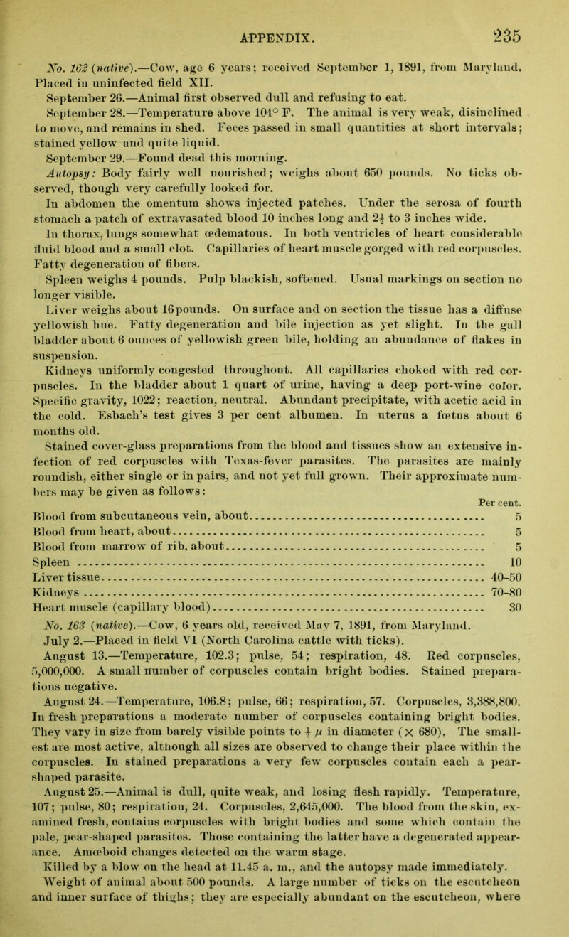 No. 162 (native).—Cow, age 6 years; received September 1, 1891, from Maryland. Placed in uninfected field XII. September 26.—Animal first observed dull and refusing to eat. September 28.—Temperature above 104° F. The animal is very weak, disinclined to move, and remains in shed. Feces passed in small quantities at short intervals; stained yellow and quite liquid. September 29.—Found dead this morning. Autopsy: Body fairly well nourished; weighs about 650 pounds. No ticks ob- served, though very carefully looked for. In abdomen the omentum shows injected patches. Under the serosa of fourth stomach a patch of extravasated blood 10 inches long and 2-| to 3 inches wide. In thorax, lungs somewhat cedematous. In both ventricles of heart considerable fluid blood and a small clot. Capillaries of heart muscle gorged with red corpuscles. Fatty degeneration of fibers. Spleen weighs 4 pounds. Pulp blackish, softened. Usual markings on section no longer visible. Liver weighs about 16pounds. On surface and on section the tissue has a diffuse yellowish hue. Fatty degeneration and bile injection as yet slight. In the gall bladder about 6 ounces of yellowish green bile, holding an abundance of flakes in suspension. Kidneys uniformly congested throughout. All capillaries choked with red cor- puscles. In the bladder about 1 quart of urine, having a deep port-wine color. Specific gravity, 1022; reaction, neutral. Abundant precipitate, with acetic acid in the cold. EsbaclTs test gives 3 per cent albumen. In uterus a foetus about 6 months old. Stained cover-glass preparations from the blood and tissues show an extensive in- fection of red corpuscles with Texas-fever parasites. The parasites are mainly roundish, either single or in pairs, and not yet full grown. Their approximate num- bers may be given as follows: Blood from subcutaneous vein, about Blood from heart, about Blood from marrow of rib, about Spleen Liver tissue Kidneys Heart muscle (capillary blood) Per cent. 10 40-50 70-80 30 No. 163 (native).—Cow, 6 years old, received May 7, 1891, from Maryland. July 2.—Placed in field VI (North Carolina cattle with ticks). August 13.—Temperature, 102.3; pulse, 54; respiration, 48. Red corpuscles, 5,000,000. A small number of corpuscles contain bright bodies. Stained prepara- tions negative. August 24.—Temperature, 106.8; pulse, 66; respiration, 57. Corpuscles, 3,388,800. In fresh preparations a moderate number of corpuscles containing bright bodies. They vary in size from barely visible points to £ ju in diameter (x 680). The small- est are most active, although all sizes are observed to change their place within the corpuscles. In stained preparations a very few corpuscles contain each a pear- shaped parasite. August 25.—Animal is dull, quite weak, and losing flesh rapidly. Temperature, 107; pulse, 80; respiration, 24. Corpuscles, 2,645,000. The blood from the skin, ex- amined fresh, contains corpuscles with bright bodies and some which contain the pale, pear-shaped parasites. Those containing the latter have a degenerated appear- ance. Amoeboid changes detected on the warm stage. Killed by a blow on the head at 11.45 a. m., and the autopsy made immediately. Weight of animal about 500 pounds. A large number of ticks on the escutcheon and inner surface of thighs; they are especially abundant on the escutcheon, where