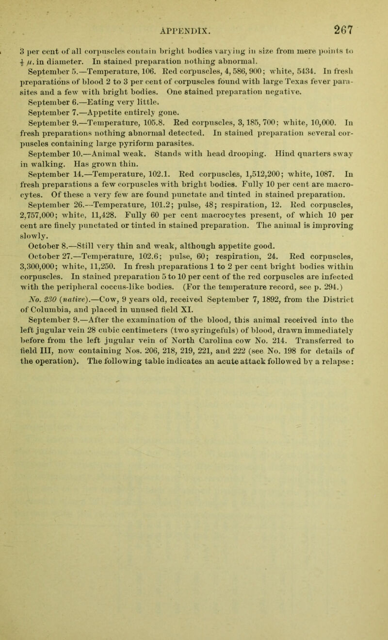 3 per cent of all corpuscles contain bright bodies varying in size from mere points to \ ju. in diameter. In stained preparation nothing abnormal. September 5.—Temperature, 106. Red corpuscles, 4,586, 900; white, 5434. In fresh preparations of blood 2 to 3 per cent of corpuscles found with large Texas fever para- sites and a few with bright bodies. One stained preparation negative. September 6.—Eating very little* September 7.—Appetite entirely gone. September 9.—Temperature, 105.8. Red corpuscles, 3,185, 700; white, 10,000. In fresh preparations nothing abnormal detected. In stained preparation several cor- puscles containing large pyriform parasites. September 10.—Animal weak. Stands with head drooping. Hind quarters sway in walking. Has grown thin. September 14.—Temperature, 102.1. Red corpuscles, 1,512,200; white, 1087. In fresh preparations a few corpuscles with bright bodies. Fully 10 per cent are macro- cytes. Of these a very few are found punctate and tinted in stained preparation. September 26.—Temperature, 101.2; pulse, 48; respiration, 12. Red corpuscles, 2,757,000; white, 11,428. Fully 60 per cent macrocytes present, of which 10 per cent are finely punctated or tinted in stained preparation. The animal is improving slowly. October 8.—Still very thin and weak, although appetite good. October 27.—Temperature, 102.6; pulse, 60; respiration, 24. Red corpuscles, 3,300,000; white, 11,250. In fresh preparations 1 to 2 per cent bright bodies within corpuscles. In stained preparation 5 to 10 per cent of the red corpuscles are infected with the peripheral coccus-like bodies. (For the temperature record, see p. 294.) No. 230 {native).—Cow, 9 years old, received September 7, 1892, from the District of Columbia, and placed in unused field XI. September 9.—After the examination of the blood, this animal received into the left jugular vein 28 cubic centimeters (two syringefuls) of blood, drawn immediately before from the left jugular vein of North Carolina cow No. 214. Transferred to field III, now containing Nos. 206, 218, 219, 221, and 222 (see No. 198 for details of the operation). The following table indicates an acute attack followed by a relapse: