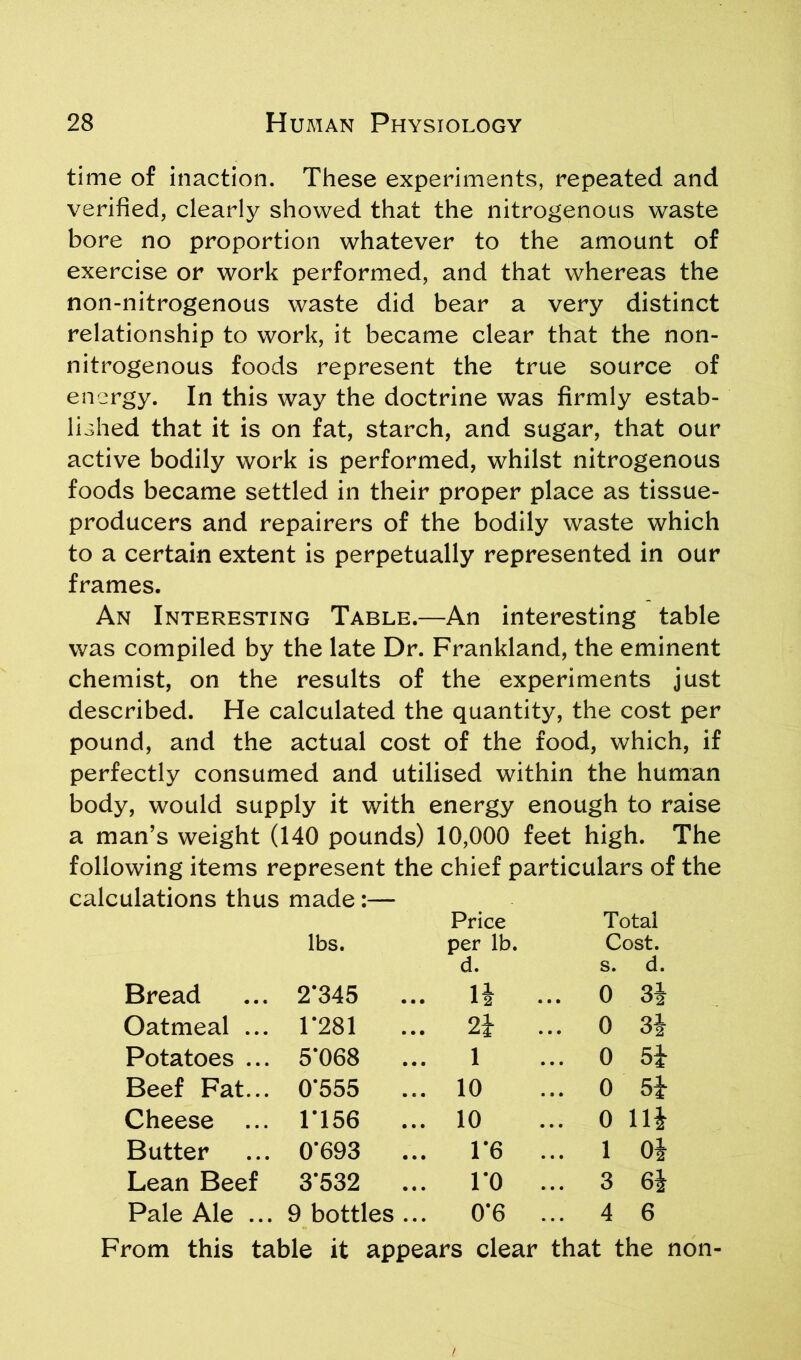 time of inaction. These experiments, repeated and verified, clearly showed that the nitrogenous waste bore no proportion whatever to the amount of exercise or work performed, and that whereas the non-nitrogenous waste did bear a very distinct relationship to work, it became clear that the non- nitrogenous foods represent the true source of energy. In this way the doctrine was firmly estab- lished that it is on fat, starch, and sugar, that our active bodily work is performed, whilst nitrogenous foods became settled in their proper place as tissue- producers and repairers of the bodily waste which to a certain extent is perpetually represented in our frames. An Interesting Table.—An interesting table was compiled by the late Dr. Frankland, the eminent chemist, on the results of the experiments just described. He calculated the quantity, the cost per pound, and the actual cost of the food, which, if perfectly consumed and utilised within the human body, would supply it with energy enough to raise a man’s weight (140 pounds) 10,000 feet high. The following items represent the chief particulars of the calculations thus made :— lbs. Price per lb. d. Total Cost, s. d. Bread 2‘345 ... 1| 0 3i Oatmeal ... 1 '281 2i 0 31 Potatoes ... 5‘068 ... 1 0 5i Beef Fat... 0'555 ... 10 0 5| Cheese ... ri56 ... 10 0 111 Butter 0’693 ... 1*6 ... 1 01 Lean Beef 3'532 ... TO ... 3 6| Pale Ale ... 9 bottles ... 0‘6 ... 4 6 From this table it appears clear that the non-