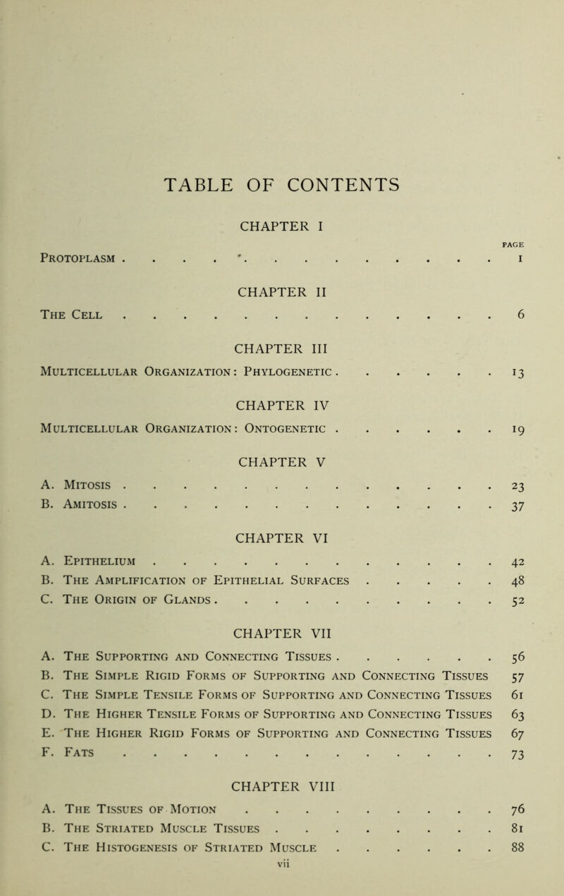 TABLE OF CONTENTS CHAPTER I PAGE Protoplasm . i CHAPTER II The Cell 6 CHAPTER III Multicellular Organization: Phylogenetic 13 CHAPTER IV Multicellular Organization: Ontogenetic 19 CHAPTER V A. Mitosis 23 B. Amitosis 37 CHAPTER VI A. Epithelium 42 B. The Amplification of Epithelial Surfaces 48 C. The Origin of Glands 52 CHAPTER VII A. The Supporting and Connecting Tissues 56 B. The Simple Rigid Forms of Supporting and Connecting Tissues 57 C. The Simple Tensile Forms of Supporting and Connecting Tissues 61 D. The Higher Tensile Forms of Supporting and Connecting Tissues 63 E. The Higher Rigid Forms of Supporting and Connecting Tissues 67 F. Fats 73 CHAPTER VIII A. The Tissues of Motion 76 B. The Striated Muscle Tissues 81 C. The Histogenesis of Striated Muscle 88