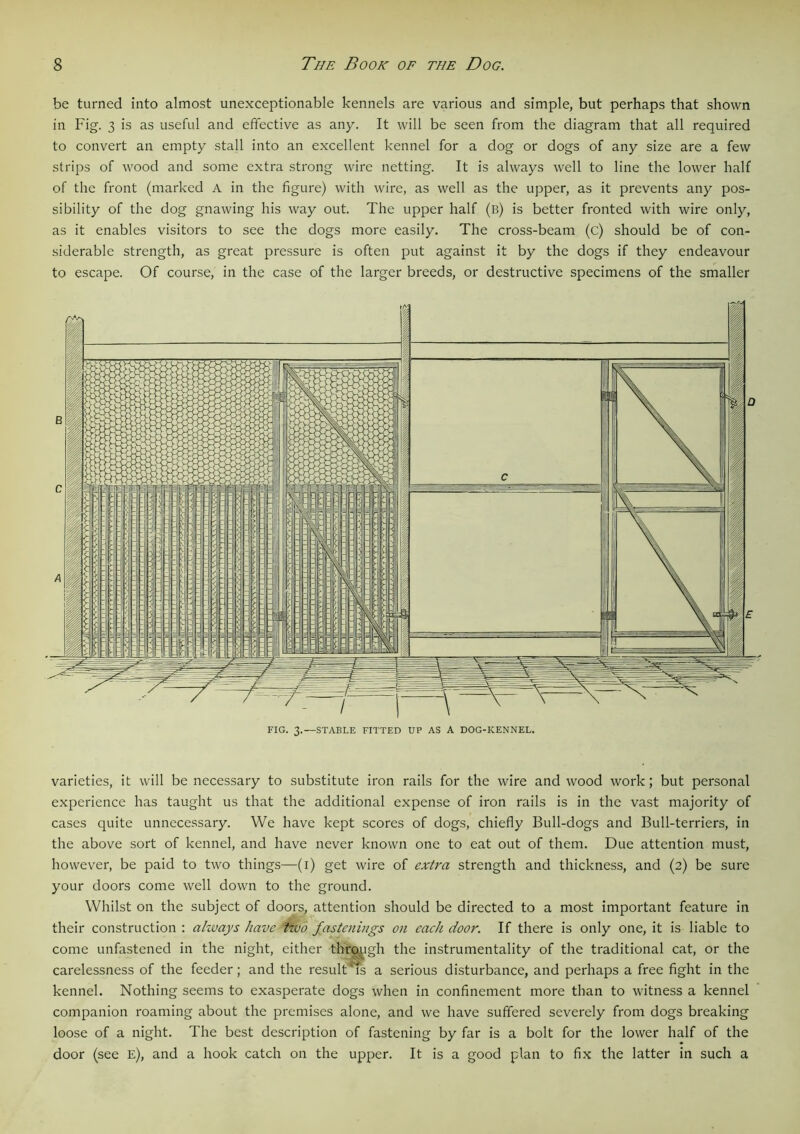 be turned into almost unexceptionable kennels are various and simple, but perhaps that shown in Fig. 3 is as useful and effective as any. It will be seen from the diagram that all required to convert an empty stall into an excellent kennel for a dog or dogs of any size are a few strips of wood and some extra strong wire netting. It is always well to line the lower half of the front (marked A in the figure) with wire, as well as the upper, as it prevents any pos- sibility of the dog gnawing his way out. The upper half (b) is better fronted with wire only, as it enables visitors to see the dogs more easily. The cross-beam (c) should be of con- siderable strength, as great pressure is often put against it by the dogs if they endeavour to escape. Of course, in the case of the larger breeds, or destructive specimens of the smaller FIG. 3.—STABLE FITTED UP AS A DOG-KENNEL. varieties, it will be necessary to substitute iron rails for the wire and wood work; but personal experience has taught us that the additional expense of iron rails is in the vast majority of cases quite unnecessary. We have kept scores of dogs, chiefly Bull-dogs and Bull-terriers, in the above sort of kennel, and have never known one to eat out of them. Due attention must, however, be paid to two things—(1) get wire of extra strength and thickness, and (2) be sure your doors come well down to the ground. Whilst on the subject of doors, attention should be directed to a most important feature in their construction : always have two fastenings on each door. If there is only one, it is liable to come unfastened in the night, either through the instrumentality of the traditional cat, or the carelessness of the feeder; and the resultfs a serious disturbance, and perhaps a free fight in the kennel. Nothing seems to exasperate dogs when in confinement more than to witness a kennel companion roaming about the premises alone, and we have suffered severely from dogs breaking loose of a night. The best description of fastening by far is a bolt for the lower half of the door (see e), and a hook catch on the upper. It is a good plan to fix the latter in such a