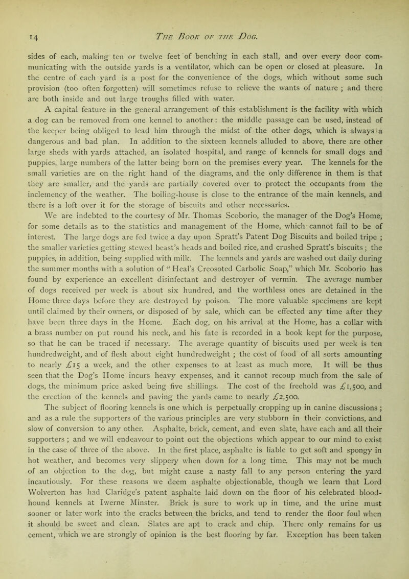 sides of each, making ten or twelve feet of benching in each stall, and over every door com- municating with the outside yards is a ventilator, which can be open or closed at pleasure. In the centre of each yard is a post for the convenience of the dogs, which without some such provision (too often forgotten) will sometimes refuse to relieve the wants of nature ; and there are both inside and out large troughs filled with water. A capital feature in the general arrangement of this establishment is the facility with which a dog can be removed from one kennel to another: the middle passage can be used, instead of the keeper being obliged to lead him through the midst of the other dogs, which is always a dangerous and bad plan. In addition to the sixteen kennels alluded to above, there are other large sheds with yards attached, an isolated hospital, and range of kennels for small dogs and puppies, large numbers of the latter being born on the premises every year. The kennels for the small varieties are on the right hand of the diagrams, and the only difference in them is that they are smaller, and the yards are partially covered over to protect the occupants from the inclemency of the weather. The boiling-house is close to the entrance of the main kennels, and there is a loft over it for the storage of biscuits and other necessaries. We are indebted to the courtesy of Mr. Thomas Scoborio, the manager of the Dog’s Home, for some details as to the statistics and management of the Home, which cannot fail to be of interest. The large dogs are fed twice a day upon Spratt’s Patent Dog Biscuits and boiled tripe ; the smaller varieties getting stewed beast’s heads and boiled rice, and crushed Spratt’s biscuits; the puppies, in addition, being supplied with milk. The kennels and yards are washed out daily during the summer months with a solution of “ Heal’s Creosoted Carbolic Soap,” which Mr. Scoborio has found by experience an excellent disinfectant and destroyer of vermin. The average number of dogs received per week is about six hundred, and the worthless ones are detained in the Home three days before they are destroyed by poison. The more valuable specimens are kept until claimed by their owners, or disposed of by sale, which can be effected any time after they have been three days in the Home. Each dog, on his arrival at the Home, has a collar with a brass number on put round his neck, and his fate is recorded in a book kept for the purpose, so that he can be traced if necessary. The average quantity of biscuits used per week is ten hundredweight, and of flesh about eight hundredweight ; the cost of food of all sorts amounting to nearly £15 a week, and the other expenses to at least as much more. It will be thus seen that the Dog’s Home incurs heavy expenses, and it cannot recoup much from the sale of dogs, the minimum price asked being five shillings. The cost of the freehold was ,£1,500, and the erection of the kennels and paving the yards came to nearly £2,500. The subject of flooring kennels is one which is perpetually cropping up in canine discussions ; and as a rule the supporters of the various principles are very stubborn in their convictions, and slow of conversion to any other. Asphalte, brick, cement, and even slate, have each and all their supporters ; and we will endeavour to point out the objections which appear to our mind to exist in the case of three of the above. In the first place, asphalte is liable to get soft and spongy in hot weather, and becomes very slippery when down for a long time. This may not be much of an objection to the dog, but might cause a nasty fall to any person entering the yard incautiously. For these reasons we deem asphalte objectionable, though we learn that Lord Wolverton has had Claridge’s patent asphalte laid down on the floor of his celebrated blood- hound kennels at Iwerne Minster. Brick is sure to work up in time, and the urine must sooner or later work into the cracks between the bricks, and tend to render the floor foul when it should be sweet and clean. Slates are apt to crack and chip. There only remains for us cement, which we are strongly of opinion is the best flooring by far. Exception has been taken