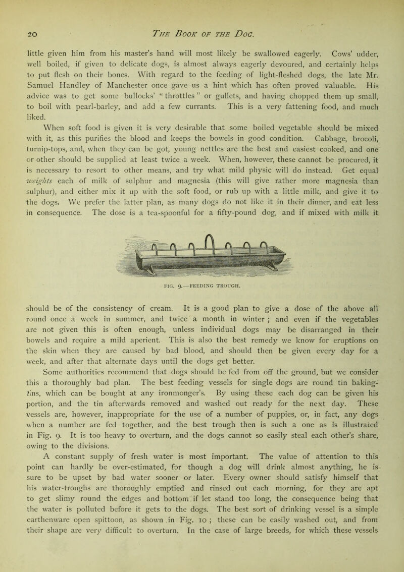 little given him from his master’s hand will most likely be swallowed eagerly. Cows’ udder, well boiled, if given to delicate dogs, is almost always eagerly devoured, and certainly helps to put flesh on their bones. With regard to the feeding of light-fleshed dogs, the late Mr. Samuel Handley of Manchester once gave us a hint which has often proved valuable. His advice was to get some bullocks’ “ throttles ” or gullets, and having chopped them up small, to boil with pearl-barley, and add a few currants. This is a very fattening food, and much liked. When soft food is given it is very desirable that some boiled vegetable should be mixed with it, as this purifies the blood and keeps the bowels in good condition. Cabbage, brocoli, turnip-tops, and, when they can be got, young nettles are the best and easiest cooked, and one or other should be supplied at least twice a week. When, however, these cannot be procured, it is necessary to resort to other means, and try what mild physic will do instead. Get equal weights each of milk of sulphur and magnesia (this will give rather more magnesia than sulphur), and either mix it up with the soft food, or rub up with a little milk, and give it to the dogs. We prefer the latter plan, as many dogs do not like it in their dinner, and eat less in consequence. The dose is a tea-spoonful for a fifty-pound dog, and if mixed with milk it FIG. 9.—FEEDING TROUGH. should be of the consistency of cream. It is a good plan to give a dose of the above all round once a week in summer, and twice a month in winter ; and even if the vegetables are not given this is often enough, unless individual dogs may be disarranged in their bowels and require a mild aperient. This is also the best remedy we know for eruptions on the skin when they are caused by bad blood, and should then be given every day for a week, and after that alternate days until the dogs get better. Some authorities recommend that dogs should be fed from off the ground, but we consider this a thoroughly bad plan. The best feeding vessels for single dogs are round tin baking- fins, which can be bought at any ironmonger’s. By using these each dog can be given his portion, and the tin afterwards removed and washed out ready for the next day. These vessels are, however, inappropriate for the use of a number of puppies, or, in fact, any dogs when a number are fed together, and the best trough then is such a one as is illustrated in Fig. 9. It is too heavy to overturn, and the dogs cannot so easily steal each other’s share, ov/ing to the divisions. A constant supply of fresh water is most important. The value of attention to this point can hardly be over-estimated, for though a dog will drink almost anything, he is sure to be upset by bad water sooner or later. Every owner should satisfy himself that his water-troughs are thoroughly emptied and rinsed out each morning, for they are apt to get slimy round the edges and bottom if let stand too long, the consequence being that the water is polluted before it gets to the dogs. The best sort of drinking vessel is a simple earthenware open spittoon, as shown in Fig. 10 ; these can be easily washed out, and from their shape are very difficult to overturn. In the case of large breeds, for which these vessels