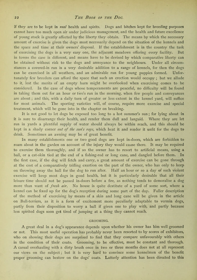 if they are to be kept in real health and spirits. Dogs and bitches kept for breeding purposes cannot have too much open air under judicious management, and the health and future excellence of young stock is greatly affected by the liberty they obtain. The means by which the necessary- amount of exercise is given the dogs must necessarily depend on the situation of the kennels and the space and time at their owners’ disposal. If the establishment is in the country the task of exercising the dogs is a very easy one, the adjacent meadows offering every facility. But in towns the case is different, and means have to be devised by which comparative liberty can be obtained without risk to the dogs and annoyance to the neighbours. Under all circum- stances a covered-in run is a very desirable addition to a range of kennels, for then the dogs can be exercised in all weathers, and an admirable run for young puppies formed. Unfor- tunately few breeders can afford the space that such an erection would occupy ; but we allude to it, lest the merits of an empty barn might be overlooked when exercising comes to be considered. In the case of dogs whose temperaments are peaceful, no difficulty will be found in taking them out for an hour or two’s run in the morning, when few people and conveyances are about ; and this, with a daily turn of greater or less extent in the kennel yard, will suffice for most animals. The sporting varieties will, of course, require more exercise and special treatment, which will be gone into in the chapter on breaking. It is not good to let dogs be exposed too long to a hot summer’s sun ; for lying about in it is sure to disarrange their health, and render them dull and languid. Where they are let run in yards a plentiful supply of water should always be within reach, and this should be kept in a shady corner out of the sun's rays, which heat it and render it unfit for the dogs to drink. Sometimes an awning may be of great benefit. In many establishments one or two good dogs are kept in-doors, which are forbidden to roam about in the garden on account of the injury they would cause there. It may be required to exercise them thoroughly, and if so the owner has to resort to artificial means, using a ball, or a cat-skin tied at the end of a fishing-rod or long cane, and dangled before them. In the first case, if the dog will fetch and carry, a great amount of exercise can be gone through at the cost of a comparatively trifling exertion on the part of the owner, who has only to keep on throwing away the ball for the dog to run after. Half an hour or so a day of such violent exercise will keep most dogs in good health, but it is particularly desirable that all their leisure time should not be passed in-doors before a fire, as nothing tends to demoralise a dog more than want of fresh air. No house is quite destitute of a yard of some sort, where a kennel can be fixed up for the dog’s reception during some part of the day. Fuller description of the method of exercising by means of a skin and long cane will be given in the article on Bull-terriers, as it is a form of excitement more peculiarly adaptable to vermin dogs, partly from their disposition to worry a ball if given one to play with, and partly because less spirited dogs soon get tired of jumping at a thing they cannot reach. GROOMING. A great deal in a dog’s appearance depends upon whether his owner has him well groomed or not. This most useful operation has probably never been resorted to by scores of exhibitors, who on showing their dogs are surprised to find that they compare unfavourably with others in the condition of their coats. Grooming, to be effective, must be constant and thorough. A casual overhauling with a dirty brush once in two or three months does not at all represent our views on the subject; but it is very hard to convince some kennelmen of the benefit proper grooming can bestow on the dogs’ coats. Latterly attention has been directed to this