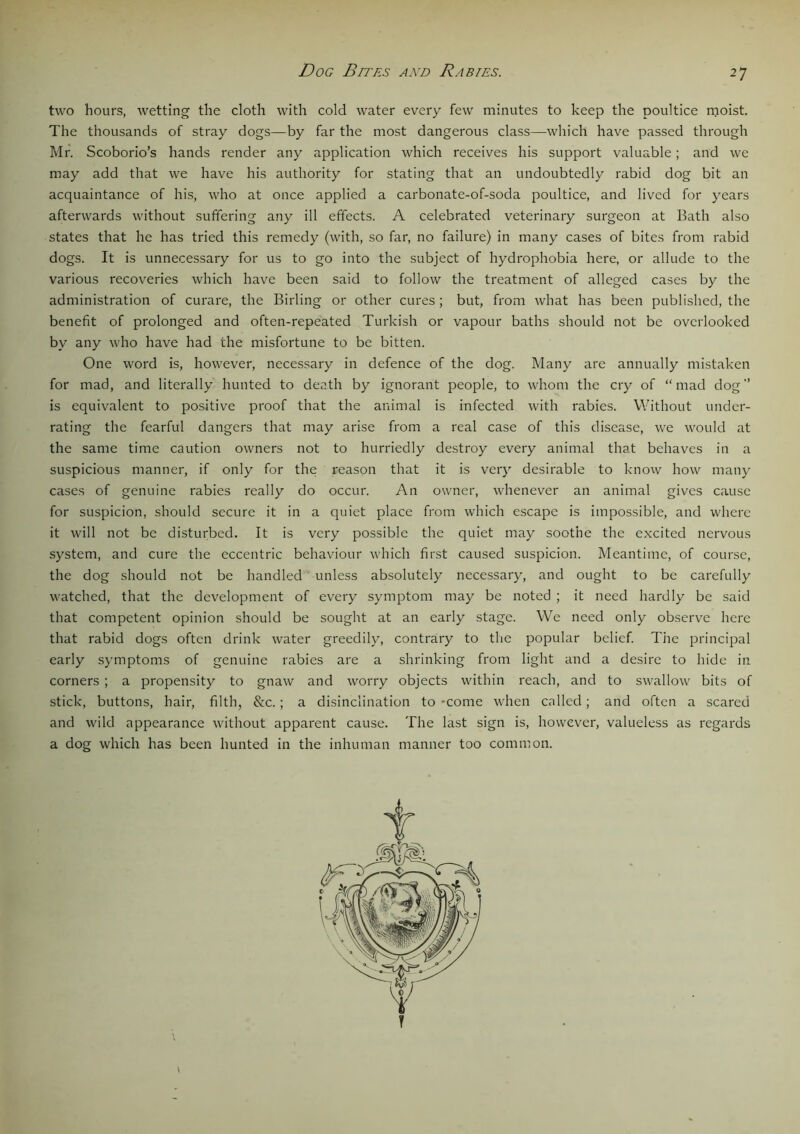 Dog Bites and Rabies. two hours, wetting the cloth with cold water every few minutes to keep the poultice moist. The thousands of stray dogs—by far the most dangerous class—which have passed through Mr. Scoborio’s hands render any application which receives his support valuable; and we may add that we have his authority for stating that an undoubtedly rabid dog bit an acquaintance of his, who at once applied a carbonate-of-soda poultice, and lived for years afterwards without suffering any ill effects. A celebrated veterinary surgeon at Bath also states that he has tried this remedy (with, so far, no failure) in many cases of bites from rabid dogs. It is unnecessary for us to go into the subject of hydrophobia here, or allude to the various recoveries which have been said to follow the treatment of alleged cases by the administration of curare, the Birling or other cures; but, from what has been published, the benefit of prolonged and often-repeated Turkish or vapour baths should not be overlooked by any who have had the misfortune to be bitten. One word is, however, necessary in defence of the dog. Many are annually mistaken for mad, and literally hunted to death by ignorant people, to whom the cry of “mad dog” is equivalent to positive proof that the animal is infected with rabies. Without under- rating the fearful dangers that may arise from a real case of this disease, we would at the same time caution owners not to hurriedly destroy every animal that behaves in a suspicious manner, if only for the reason that it is very desirable to know how many cases of genuine rabies really do occur. An owner, whenever an animal gives cause for suspicion, should secure it in a quiet place from which escape is impossible, and where it will not be disturbed. It is very possible the quiet may soothe the excited nervous system, and cure the eccentric behaviour which first caused suspicion. Meantime, of course, the dog should not be handled unless absolutely necessary, and ought to be carefully watched, that the development of every symptom may be noted ; it need hardly be said that competent opinion should be sought at an early stage. We need only observe here that rabid dogs often drink water greedily, contrary to the popular belief. The principal early symptoms of genuine rabies are a shrinking from light and a desire to hide in corners ; a propensity to gnaw and worry objects within reach, and to swallow bits of stick, buttons, hair, filth, &c. ; a disinclination to -come when called; and often a scared and wild appearance without apparent cause. The last sign is, however, valueless as regards a dog which has been hunted in the inhuman manner too common.