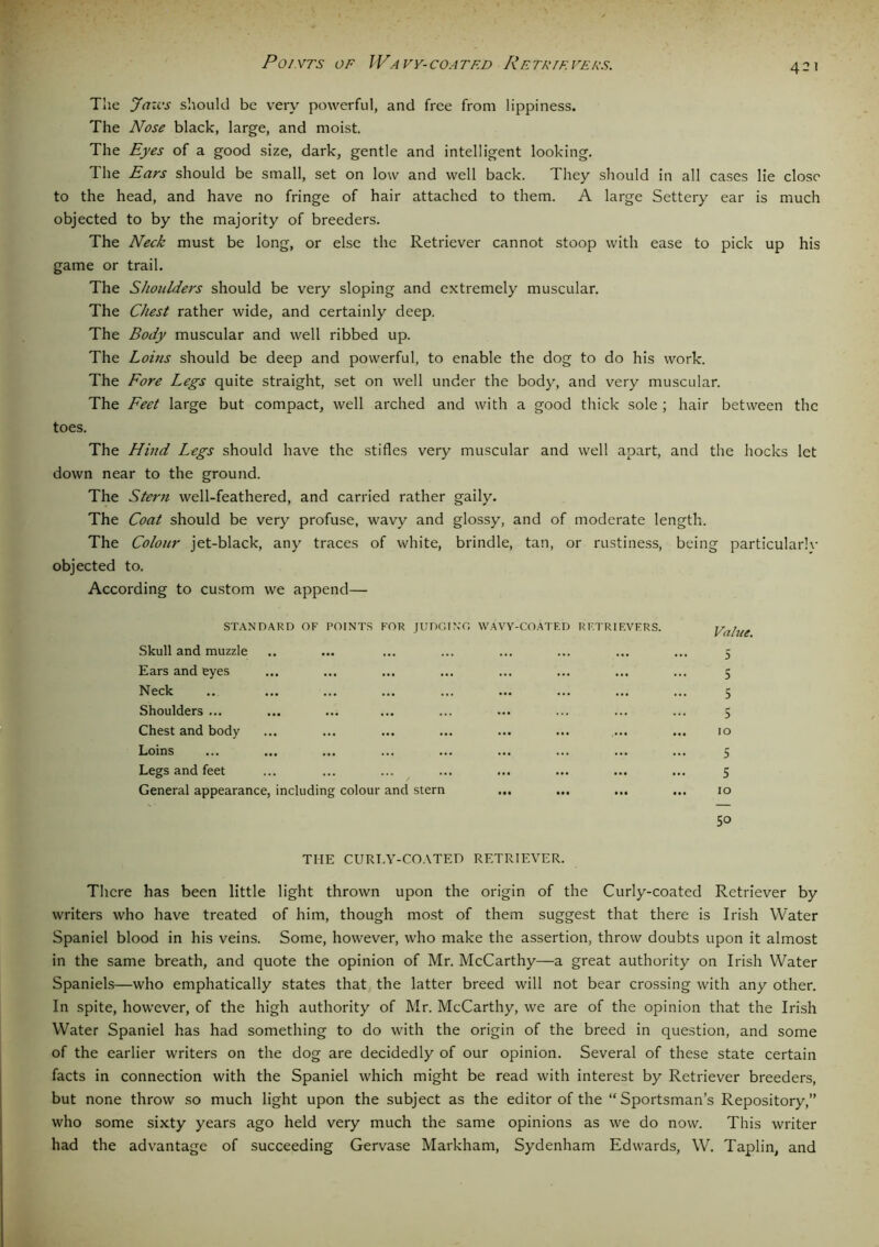 The Jan'S should be very powerful, and free from lippiness. The Nose black, large, and moist. The Eyes of a good size, dark, gentle and intelligent looking. The Ears should be small, set on low and well back. They should in all cases lie close to the head, and have no fringe of hair attached to them. A large Settery ear is much objected to by the majority of breeders. The Neck must be long, or else the Retriever cannot stoop with ease to pick up his game or trail. The Shoulders should be very sloping and extremely muscular. The Chest rather wide, and certainly deep. The Body muscular and well ribbed up. The Loins should be deep and powerful, to enable the dog to do his work. The Fore Legs quite straight, set on well under the body, and very muscular. The Feet large but compact, well arched and with a good thick sole ; hair between the toes. The Hind Legs should have the stifles very muscular and well apart, and the hocks let down near to the ground. The Stern well-feathered, and carried rather gaily. The Coat should be very profuse, wavy and glossy, and of moderate length. The Colour jet-black, any traces of white, brindle, tan, or rustiness, being particular^ objected to. According to custom we append— STANDARD OF POINTS FOR JUDGING WAVY-COATRD RF.TRIF.VFRS Skull and muzzle Ears and eyes Neck Shoulders ... Chest and body Loins Legs and feet General appearance, including colour and stern THE CURLY-COATED RETRIEVER. There has been little light thrown upon the origin of the Curly-coated Retriever by writers who have treated of him, though most of them suggest that there is Irish Water Spaniel blood in his veins. Some, however, who make the assertion, throw doubts upon it almost in the same breath, and quote the opinion of Mr. McCarthy—a great authority on Irish Water Spaniels—who emphatically states that the latter breed will not bear crossing with any other. In spite, however, of the high authority of Mr. McCarthy, we are of the opinion that the Irish Water Spaniel has had something to do with the origin of the breed in question, and some of the earlier writers on the dog are decidedly of our opinion. Several of these state certain facts in connection with the Spaniel which might be read with interest by Retriever breeders, but none throw so much light upon the subject as the editor of the “Sportsman’s Repository,” who some sixty years ago held very much the same opinions as we do now. This writer had the advantage of succeeding Gervase Markham, Sydenham Edwards, W. Taplin, and Value. 5 S 5 5 10 5 5 10 5°