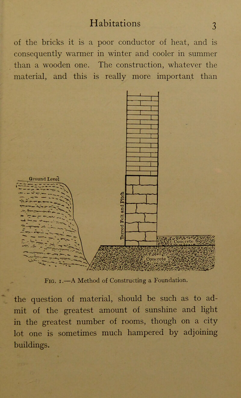 of the bricks it is a poor conductor of heat, and is consequently warmer in winter and cooler in summer than a wooden one. The construction, whatever the material, and this is really more important than the question of material, should be such as to ad- mit of the greatest amount of sunshine and light in the greatest number of rooms, though on a city lot one is sometimes much hampered by adjoining buildings.