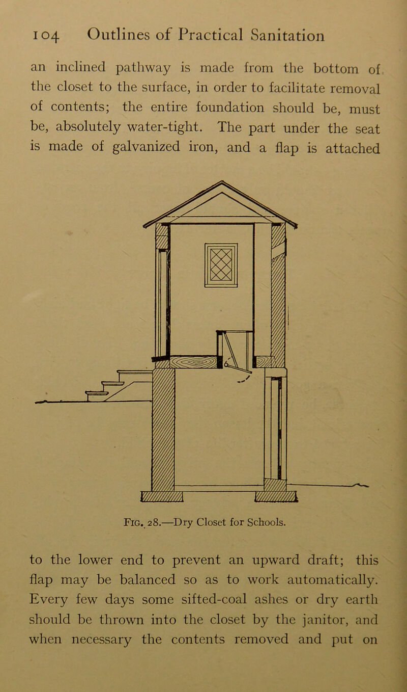 an inclined pathway is made from the bottom of the closet to the surface, in order to facilitate removal of contents; the entire foundation should be, must be, absolutely water-tight. The part under the seat is made of galvanized iron, and a flap is attached to the lower end to prevent an upward draft; this flap may be balanced so as to work automatically. Every few days some sifted-coal ashes or dry earth should be thrown into the closet by the janitor, and when necessary the contents removed and put on