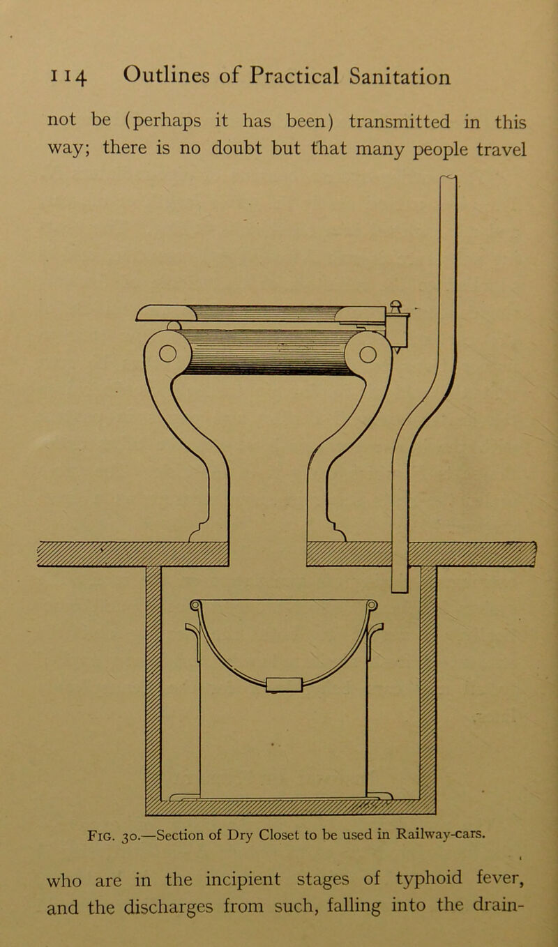 not be (perhaps it has been) transmitted in this way; there is no doubt but that many people travel Fig. 30.—Section of Dry Closet to be used in Railway-cars. 1 who are in the incipient stages of typhoid fever, and the discharges from such, falling into the drain-