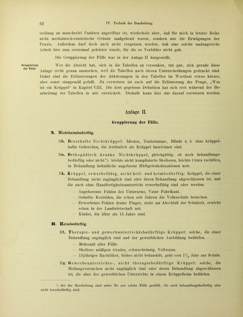 Gruppierung der Fälle. Stellung an mancherlei Punkten angreifbar ist, wiederhole aber, daß für mich in letzter Reihe nicht medizinisch-statistische Gründe maßgebend waren, sondern nur die Erwägungen der Praxis. Außerdem darf doch auch nicht vergessen werden, daß eine solche umfangreiche Arbeit hier zum erstenmal geleistet wurde, für die es Vorbilder nicht gab. Die Gruppierung der Fälle war in der Anlage II dargestellt. Wer die Absicht hat, sich in die Tabellen zu versenken, tut gut, sich gerade diese Anlage recht genau anzusehen, weil die Tabellen nach diesen Unterscheidungen gedruckt sind. Dabei sind die Erläuterungen der Abkürzungen in den Tabellen im Wortlaut etwas kürzer, aber sonst sinngemäß gefaßt. Zu verweisen ist auch auf die Erläuterung der Frage, „Was ist ein Krüppel“ in Kapitel VIII. Die dort gegebene Definition hat sich erst während der Be- arbeitung der Tabellen in mir entwickelt. Deshalb kann hier nur darauf verwiesen werden. Anlage II. Gruppierung der Fälle. N. Nichtheimbedürftig. Nb. Brest hafte Nichtkrüppel: Idioten, Taubstumme, Blinde u. ä. ohne krüppel- hafte Gebrechen, die irrtümlich als Krüppel bezeichnet sind. No. Orthopädisch kranke Nichtkrüppel, gleichgültig, ob noch behandlungs- bedürftig oder nicht*): leichte nicht komplizierte Skoliosen, leichte Crura rachitica, in Behandlung befindliche angeborne Hüftgelenksluxationen usw. Nk. Krüppel, erwerbsfähig, nicht heil- und heimbedürftig: Krüppel, die einer Behandlung nicht zugänglich sind oder deren Behandlung abgeschlossen ist, und die auch ohne Handfertigkeitsunterricht erwerbsfähig sind oder werden. — Angeborenes Fehlen des Unterarms, Vater Fabrikant. — Geheilte Koxitiden, die schon seit Jahren die Volksschule besuchen. Erworbenes Fehlen dreier Finger, steht am Abschluß der Schulzeit, erwirbt schon in der Landwirtschaft mit. Kinder, die älter als 15 Jahre sind. H. Heimbedürftig. Ht. Therapie- und gewerbunterrichlsbedürftige Krüppel: solche, die einer Behandlung zugänglich sind und der gewerblichen Ausbildung bedürfen. — Mehrzahl aller Fälle. Skoliose mäßigen Grades, schwachsinnig, Vollwaise. 13jähriger Rachitiker, bisher nicht behandelt, geht erst iy2 Jahr zur Schule. Hg. Gewerbeunterrichts-, nicht therapiebedürftige Krüppel: solche, die Heilungsversuchen nicht zugänglich sind oder deren Behandlung abgeschlossen ist, die aber des gewerblichen Unterrichts in einem Krüppelheim bedürfen. *) Bei der Bearbeitung sind unter No nur solche Fälle gezählt, die noch behandlungsbedürftig aber nicht lieimbedürftig sind.