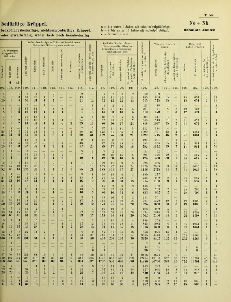 bedürftige Krüppel. behandlungsbedürftige, nichtheimbedürftige Krüppel, oder erwerbsfähig, weder heil- noch heimbedürftig. a = bis unter 6 Jahre alt (niclitschulpfliclitige), b = 6 bis unter 15 Jahre alt (schulpflichtige), c = Summe a + b. No + Nk Absolute Zahlen 23. sonstigen krüppelhaften Gebrechen 107. 1 9 10 8 S 3 5 S 7 29 36 3 16 19 1 3 4 10 72 82 4 27 31 1 17 18 8 51 59 8 78 86 8 16 24 12 88 100 1 67 419 486 5 23 28 1 13 A. angeboren E. erworben 108. 109’. 1 6 3 6 4 6 2 6 2 3 — 3 2 6 2 7 — 27 2 34 2 2 1 11 5 13 6 1 — 3 — 4 — 6 4 32 40 38 44 4 — 17 10 21 10 1 — 14 3 15 3 7 1 32 19 39 20 7 1 61 17 68 18 4 4 8 8 12 12 11 1 60 28 71 29 1 — 1 54 13 282 137 336 150 2 3 20 3 22 6 i — 12 1 110. 5 51 56 2 17 19 21 53 74 9 52 61 13 69 82 8 39 42 16 116 132 6 42 4S 6 18 24 4 48 52 11 56 67 6 53 59 22 112 134 124 726 S50 5 34 39 2 32 ßer den in Spalte 32 bis 109 bezeiebneten Gebrechen litten zugleich noch an Zahl der Kinder, deren Eltern blutsverwandt sind Zahl der Kinder, deren Blutsverwandte litten an krüppelhaften Gebrechen, Schwachsinn usw. Heilverfahren wurde vorgenommen bei . .. Kindern Von den Kindern Unterricht Aufnahme in ein Krüppelheim erwünscht bei Krämpfen Taubstummheit Blindheit Tuberkulose innerer Organe Blutarmut sonstigen chronischen Krankheiten geistig gesund schwachsinnig, blödsinnig, j stumpfsinnig geneigt zu Böswilligkeit und Verbrechen keinen i fl © .fl 'S .fl in Schulen für Schwachbefähigte überhaupt dem gleichen Gebrechen anderen Gebrechen Schwachsinn, Blödsinn, Epilepsie, Taubstumm- heit, Blindheit 111. 112. 113. 114. 115. 116. 117. 118. 119. 120. 121. 122. 123. 124. 125. 126. 127. 128. 129. 1 2 2 7 2 3 2 70 109 5 23 4 5 — — 19 12 46 11 22 13 445 666 35 — 45 654 2 14 24 4 7 — — 21 12 53 13 25 15 515 775 35 — 45 654 2 19 — 1 — — — 1 1 3 2 1 — 23 46 1 — — — — 1 12 — i 1 — 3 4 41 21 15 5 287 424 6 3 12 421 — 3 12 1 i 1 — 4 5 44 23 16 5 310 470 7 3 12 421 — 4 13 1 — 2 — 5 4 18 7 5 6 208 314 4 — — — — 18 3 i 4 3 24 12 62 23 22 17 640 743 31 2 91 677 8 1 31 4 i 6 3 29 16 80 30 27 23 848 1057 35 o 91 (>77 8 1 6 1 — — — 2 5 37 21 11 5 232 314 4 — — — — 24 1 6 1 2 18 26 125 54 55 16 1090 1404 42 2 81 1361 6 1 30 2 6 1 2 20 31 162 75 66 21 1322 1718 46 o S1 1361 6 1 3 i — — — 9 1 17 8 7 2 129 204 4 4 — — 16 22 — 3 1 — 43 19 72 29 29 14 653 928 25 3 41 914 1 43 25 i 3 1 — 52 20 89 37 36 16 782 1132 29 7 41 914 1 59 — — — — — 3 2 3 2 1 — 34 52 1 — — — — 26 3 1 2 — 7 9 39 18 15 6 391 528 29 i 34 517 7 7 26 3 1 2 — 10 11 42 20 16 6 425 580 30 i 34 517 7 7 6 3 2 — i 4 2 29 17 9 3 226 336 1 i — — 7 20 3 5 5 O 81 19 159 87 48 24 1220 2039 33 6 51 2025 2 11 26 6 7 5 3 85 21 188 104 57 27 1446 2375 34 7 51 2025 2 18 2 1 — — — 3 1 24 15 8 1 180 277 1 — — — 1 22 1 4 i 1 13 18 74 35 22 17 735 909 8 i 27 887 4 — 24 2 4 i 1 16 19 98 50 30 18 915 1186 9 i 27 S87 4 1 3 — — — — 3 — 17 9 6 2 148 159 — — — — 1 4 — 1 — — 13 5 69 37 28 4 705 733 2 — 28 706 1 — 7 — 1 — — 16 5 86 46 34 6 S53 S92 2 — 28 706 1 1 i — — — — 3 i 29 20 7 2 234 351 i — — 1 26 — 1 2 2 17 18 145 77 50 18 991 1329 19 3 49 1300 2 6 27 — 1 2 2 20 19 174 97 57 20 1225 1680 20 O O 49 1300 *) 7 7 — 2 i — 1 5 17 10 3 4 188 262 5 — — i 25 — 4 5 — 22 12 157 50 81 26 1374 1844 29 2 72 1798 5 12 32 — 6 6 — 23 17 174 60 84 30 1562 2106 34 2 72 1798 5 13 5 — — — — 1 1 21 11 6 4 188 268 — — — 1 23 — — 1 2 27 12 73 30 29 14 825 1082 6 i 37 1051 i 2 28 — — 1 2 28 13 94 41 35 18 1013 1350 6 i 37 1051 i 3 14 2 — — — 6 9 87 36 35 16 553 926 15 4 — 1 70 5 1 8 4 24 37 410 194 162 54 3085 4476 87 9 203 4363 6 8 84 7 1 8 4 30 46 497 230 197 70 3638 5402 102 13 203 4363 6 9 2 1 1 3 23 6 31 z 1 30 z z 2 1 — — 1 26 37 — — 1 30 — — 61 10 6 3 1 43 32 309 160 102 47 2416 3624 37 9 — — 35 315 20 33 31 16 311 205 1473 666 578 229 12464 17136 352 33 772 16704 45 108 376 30 39 34 17 354 237 1782 826 680 276 14880 20760 389 42 772 16704 45 143 1 1 —• — — 3 3 32 14 14 4 163 227 5 — — — 4 8 1 2 — 1 22 4 107 61 32 14 677 956 19 8 34 948 i 1 9 2 2 — 1 25 7 139 75 46 18 840 1183 24 8 34 948 i 5 — — — — — 2 i 16 13 2 1 89 130 — 1 — — — — 13 — i 2 4 12 3 83 52 28 3 593 868 2 11 18 862 i —