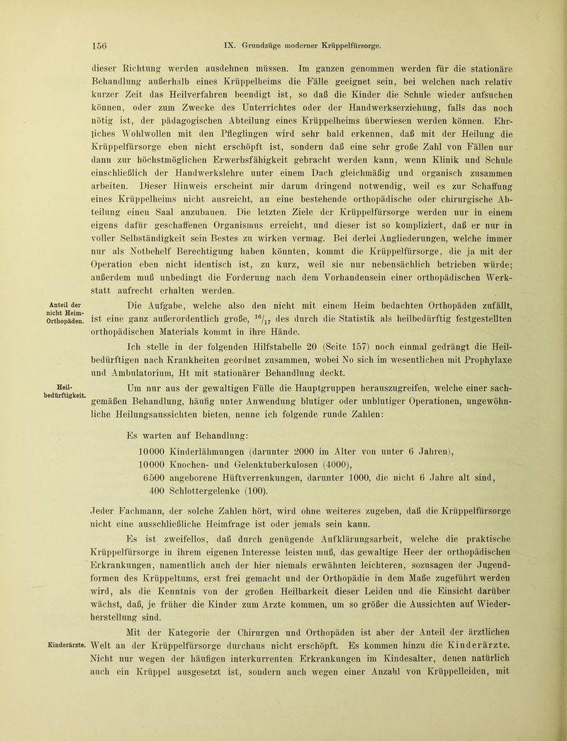 Anteil der nicht Heim- Orthopäden. Heil- bediirftigkeit. Kinderärzte. dieser Richtung werden ausdehnen müssen. Im ganzen genommen werden für die stationäre Behandlung außerhalb eines Krüppelheims die Fälle geeignet sein, bei welchen nach relativ kurzer Zeit das Heilverfahren beendigt ist, so daß die Kinder die Schule wieder aufsuchen können, oder zum Zwecke des Unterrichtes oder der Handwerkserziehung, falls das noch nötig ist, der pädagogischen Abteilung eines Krüppelheims überwiesen werden können. Ehr- liches Wohlwollen mit den Pfleglingen wird sehr bald erkennen, daß mit der Heilung die Krüppelfürsorge eben nicht erschöpft ist, sondern daß eine sehr große Zahl von Fällen nur dann zur höchstmöglichen Erwerbsfähigkeit gebracht werden kann, wenn Klinik und Schule einschließlich der Handwerkslehre unter einem Dach gleichmäßig und organisch zusammen arbeiten. Dieser Hinweis erscheint mir darum dringend notwendig, weil es zur Schaffung eines Krüppelheims nicht ausreicht, an eine bestehende orthopädische oder chirurgische Ab- teilung einen Saal anzubauen. Die letzten Ziele der Krüppelfürsorge werden nur in einem eigens dafür geschaffenen Organismus erreicht, und dieser ist so kompliziert, daß er nur in voller Selbständigkeit sein Bestes zu wirken vermag. Bei derlei Angliederungen, welche immer nur als Notbehelf Berechtigung haben könnten, kommt die Krüppelfürsorge, die ja mit der Operation eben nicht identisch ist, zu kurz, weil sie nur nebensächlich betrieben würde; außerdem muß unbedingt die Forderung nach dem Vorhandensein einer orthopädischen Werk- statt aufrecht erhalten werden. Die Aufgabe, welche also den nicht mit einem Heim bedachten Orthopäden zufällt, ist eine ganz außerordentlich große, 16/17 des durch die Statistik als heilbedürftig festgestellten orthopädischen Materials kommt in ihre Hände. Ich stelle in der folgenden Hilfstabelle 20 (Seite 157) noch einmal gedrängt die Heil- bedürftigen nach Krankheiten geordnet zusammen, wobei No sich im wesentlichen mit Prophylaxe und Ambulatorium, Ht mit stationärer Behandlung deckt. Um nur aus der gewaltigen Fülle die Hauptgruppen herauszugreifen, welche einer sach- gemäßen Behandlung, häufig unter Anwendung blutiger oder unblutiger Operationen, ungewöhn- liche Heilungsaussichten bieten, nenne ich folgende runde Zahlen: Es warten auf Behandlung: 10000 Kinderlähmungen (darunter 2000 im Alter von unter 6 Jahren), 10000 Knochen- und Gelenktuberkulosen (4000), 6500 angeborene Hüftverrenkungen, darunter 1000, die nicht 6 Jahre alt sind, 400 Schlottergelenke (100). Jeder Fachmann, der solche Zahlen hört, wird ohne weiteres zugeben, daß die Krüppelfürsorge nicht eine ausschließliche Heimfrage ist oder jemals sein kann. Es ist zweifellos, daß durch genügende Aufklärungsarbeit, Avelche die praktische Krüppelfürsorge in ihrem eigenen Interesse leisten muß, das gewaltige Heer der orthopädischen Erkrankungen, namentlich auch der hier niemals erwähnten leichteren, sozusagen der Jugend- formen des Krüppeltums, erst frei gemacht und der Orthopädie in dem Maße zugeführt werden wird, als die Kenntnis von der großen Heilbarkeit dieser Leiden und die Einsicht darüber wächst, daß, je früher die Kinder zum Arzte kommen, um so größer die Aussichten auf Wieder- herstellung sind. Mit der Kategorie der Chirurgen und Orthopäden ist aber der Anteil der ärztlichen Welt an der Krüppelfürsorge durchaus nicht erschöpft. Es kommen hinzu die Kinderärzte. Nicht nur wegen der häufigen interkurrenten Erkrankungen im Kindesalter, denen natürlich auch ein Krüppel ausgesetzt ist, sondern auch wegen einer Anzahl von Krüppellciden, mit