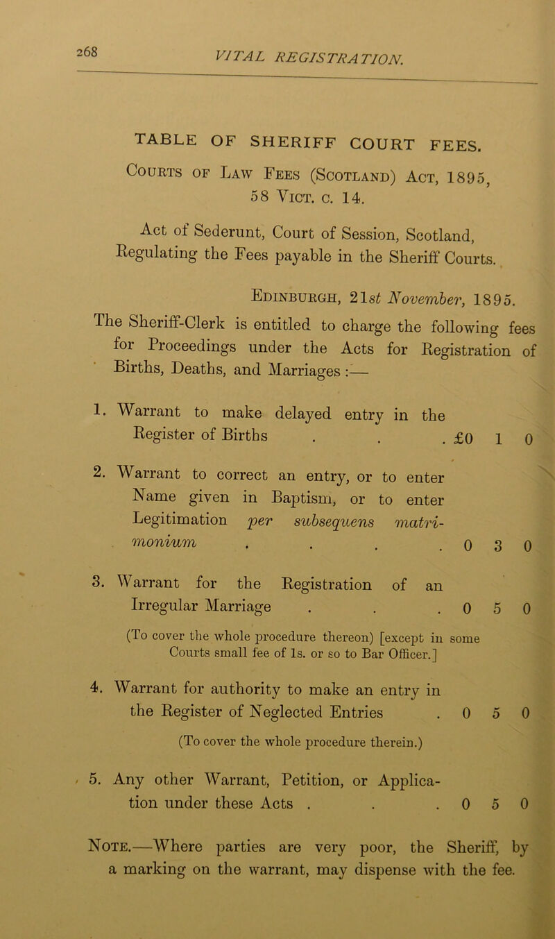 TABLE OF SHERIFF COURT FEES. Courts of Law Fees (Scotland) Act, 1895, 58 Vict. c. 14. Act of Sederunt, Court of Session, Scotland, Regulating the Fees payable in the Sheriff Courts. Edinburgh, 21 st November, 1895. The Sheiiff-Clerk is entitled, to charge the following fees foi I roceedings under the Acts for Registration of Births, Deaths, and Marriages — 1. Warrant to make delayed entry in the Register of Births . . .£010 2. Warrant to correct an entry, or to enter Name given in Baptism, or to enter Legitimation subsequens matri- monium . . . .080 8. Warrant for the Registration of an Irregular Marriage . . .050 (To cover the whole procedure thereon) [except in some Courts small fee of Is. or so to Bar Officer.] 4. Warrant for authority to make an entry in the Register of Neglected Entries .050 (To cover the whole procedure therein.) / 5. Any other Warrant, Petition, or Applica- tion under these Acts . . .050 Note.—Where parties are very poor, the Sheriff, by a marking on the warrant, may dispense with the fee.