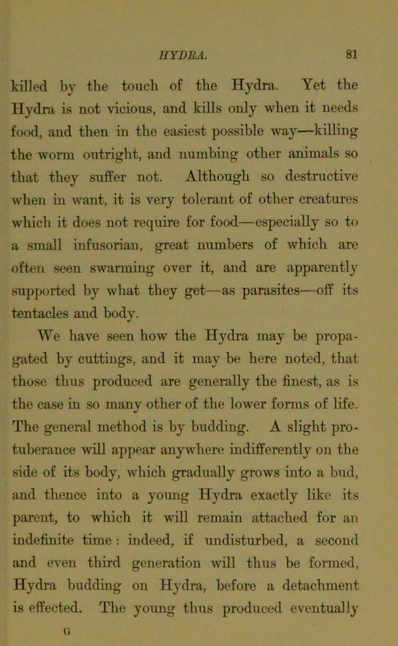 killed bj the touch of the Hydra. Yet the Hydra is not vicious, and kills only when it needs food, and then in the easiest possible way—killing the wonn outright, and numbing other animals so that they suffer not. Although so destructive when in want, it is very tolerant of other creatures which it does not require for food—especially so to a small infusorian, great numbers of which are often seen swarming over it, and are apparently supported by what they get—as parasites—off its tentacles and body. We have seen how the Hydra may be propa- gated by cuttings, and it may be here noted, that those thus produced are generally the finest, as is the case in so many other of the lower forms of life. The general method is by budding. A slight pro- tuberance will appear anywhere indifferently on the side of its body, which gradually grows into a bud, and thence into a young Hydra exactly like its parent, to which it will remain attached for an indefinite time : indeed, if undisturbed, a second and even third generation will thus be formed, Hydra budding on Hydra, before a detachment is effected. The young thus produced eventually G