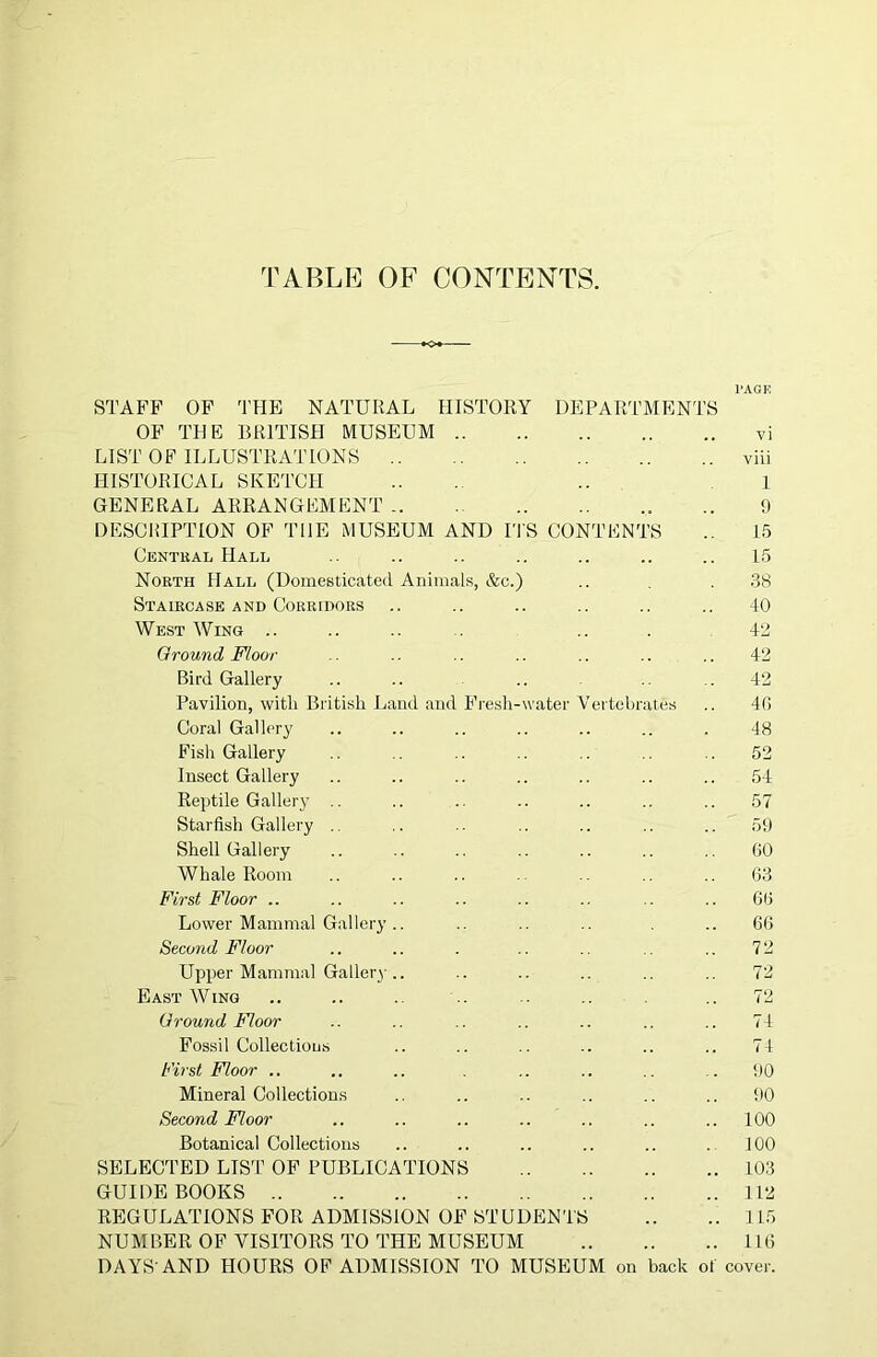 TABLE OF CONTENTS. STAFF OF THE NATURAL HISTORY DEPARTMENTS OF THE BRITISH MUSEUM LIST OF ILLUSTRATIONS HISTORICAL SKETCH GENERAL ARRANGEMENT DESCRIPTION OF THE MUSEUM AND ITS CONTENTS Central Hall North Hall (Domesticated Animals, &c.) Staircase and Corridors West Wing .. .. ... ... Ground Floor Bird Gallery Pavilion, with British Land and Fresh-water Vertebrates Coral Gallery Fish Gallery Insect Gallery Reptile Gallery .. Starfish Gallery .. Shell Gallery Whale Room First Floor .. Lower Mammal Gallery .. Second Floor Upper Mammal Gallery.. East Wing Ground Foor Fossil Collections First Foor .. Mineral Collections Second Foor Botanical Collections SELECTED LIST OF PUBLICATIONS GUIDE BOOKS REGULATIONS FOR ADMISSION OF STUDENTS NUMBER OF VISITORS TO THE MUSEUM DAYS’AND HOURS OF ADMISSION TO MUSEUM on back of tage vi viii 1 9 15 15 38 40 42 42 42 4G 48 52 54 57 59 60 63 66 66 72 72 72 74 74 90 90 100 100 103 112 115 116 cover.