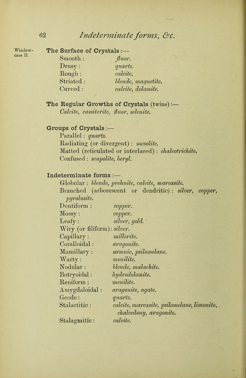 Window- case II. The Surface of Crystals :— Smooth: Jluor. Drusy : quartz. Rough : calcite. Striated : blende, magnetite. Curved : calcite, dolomite. The Regular Growths of Crystals (twins):— Calcite, cassiterite, fluor, selenite. Groups of Crystals Parallel: quartz. Radiating (or divergent) : mesolite. Matted (reticulated or interlaced): clialcotrichite. Confused : scapolite, beryl. Indeterminate forms :— Globular : blende, prehnite, calcite, marcasite. Branched (arborescent or dendritic) : silver, copper, pyrolusite. Dentiform : copper. Mossy: copper. Leafy: silver, gold. Wiry (or filiform): silver. Capillary : Coral!oidal: Mamillary : Warty: Nodular : Botryoidal: Reniform: Amygdaloidal : Geode: Stalactitic : Stalagmitic: millerite. aragonite. arsenic, psilomelane. menilite. blende, malachite, hydrodolomite, menilite. aragonite, agate, quartz. calcite, marcasite, psilomelane, limonite, chalcedony, aragonite, calcite.