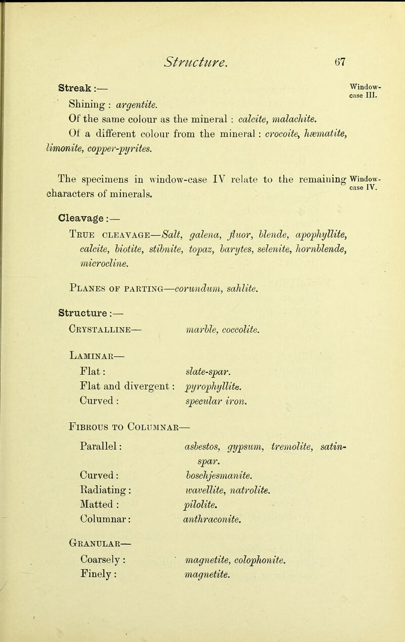 Streak:— Shining : argentite. Of the same colour as the mineral : calcite, malachite. Of a different colour from the mineral : crocoite, haematite, limonite, copper-pyrites. The specimens in window-case IV relate to the remaining characters of minerals. Cleavage:— True cleavage—Salt, galena, jluor, blende, apophyllite, calcite, biotite, stibnite, topaz, barytes, selenite, hornblende, microcline. Planes of parting—corundum, sahlite. Structure:— Crystalline— marble, coccolite. Laminar— Flat: slate-spar. Flat and divergent: pyrophyllite. Curved : specidar iron. Fibrous to Columnar— Parallel: Curved: Radiating : Matted : Columnar: asbestos, gypsum, iremolite, satin- spar. boschjesmanite. ivavellite, natrolite. pilolite. anthraconite. Granular— Coarsely: Finely: magnetite, colophonite. magnetite. Window- case III. Window case IV.