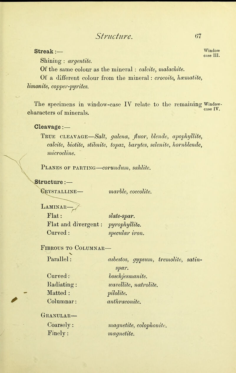 Streak:— Shining : argentite. Of the same colour as the mineral: calcite, malachite. Of a different colour from the mineral: crocoite, haematite, limonite, copper-pyrites. The specimens in window-case IV relate to the remaining characters of minerals. Cleavage:— True cleavage—Salt, galena, jluor, blende, apophyllite, calcite, biotite, stibnite, topaz, barytes, selenite, hornblende, microcline. Planes of parting—corundum, sahlite. NvStrueture: \ CRYSTALLINE— marble, coccolite. Laminar—^ Flat: slate-spar. Flat and divergent: pyrophyllite. Curved : specular iron. Fibrous to Columnar V. Parallel: asbestos, gypsum, irer, Curved: spar. boschjesmanite. Eadiating: wavellite, natrolite. Matted : pilolite. Columnar: anthraconite. Granular— Coarsely: magnetite, colophonite. Finely: magnetite. Window case III. Window- case IV.