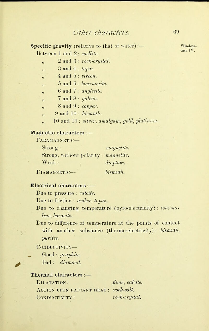 Specific gravity (relative to that of water) :— Between 1 and 2 : mellite. „ 2 and 3 : rock-crystal. „ 3 and 4 : topaz. „ 4 and 5 : zircon. „ 5 and 6 : bournonite. „ 6 and 7 : anglesite. „ 7 and 8 : galena. „ 8 and 9 : copper. „ 9 and 10 : bismuth. 10 and 19 : silver, amalgam, gold, platinum. Magnetic characters:— Paramagnetic— Strong: magnetite. Strong, without polarity : magnetite. Weak: dioptase. Diamagnetic— bismuth. Window' case IV. Electrical characters:— Due to pressure : calcite. Due to friction : amber, topaz. Due to changing temperature (pyro-electricity) : tourma- line, boracite. Due to difference of temperature at the points of contact with another substance (thermo-electricity) : bismuth pyrites. Conductivity— Good : graphite. Bad: diamond. Thermal characters:— Dilatation : Jhtor, calcite. Action upon radiant heat : rock-salt. Conductivity : rock-crystal.