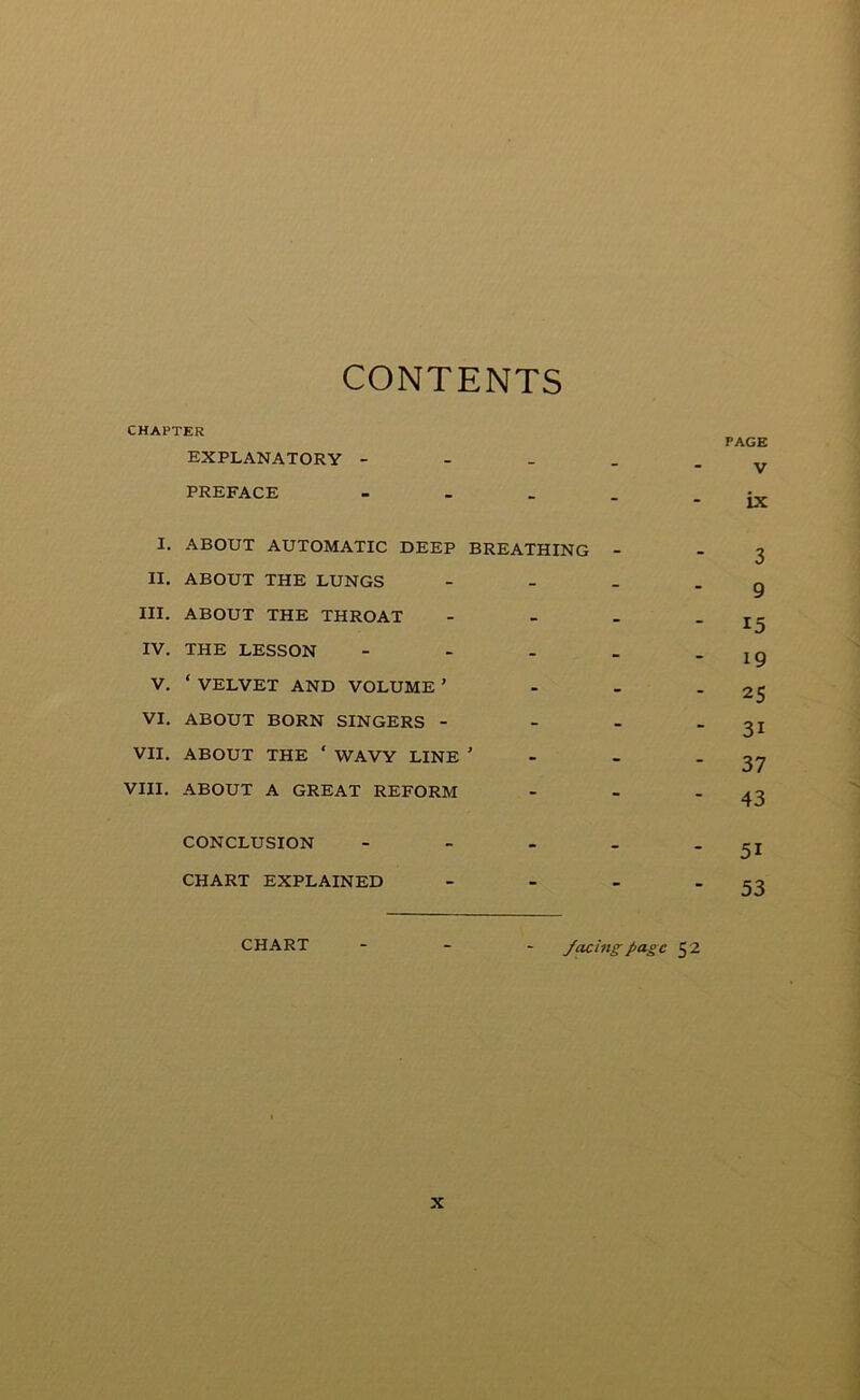 CONTENTS CHAPTER EXPLANATORY - PREFACE - I. ABOUT AUTOMATIC DEEP BREATHING - II. ABOUT THE LUNGS - III. ABOUT THE THROAT - IV. THE LESSON - V. ‘ VELVET AND VOLUME ’ - VI. ABOUT BORN SINGERS - VII. ABOUT THE ' WAVY LINE ' VIII. ABOUT A GREAT REFORM - CONCLUSION - CHART EXPLAINED - CHART - facingpage 5 2 PAGE V ix 3 9 15 19 25 3i 37 43 5i 53