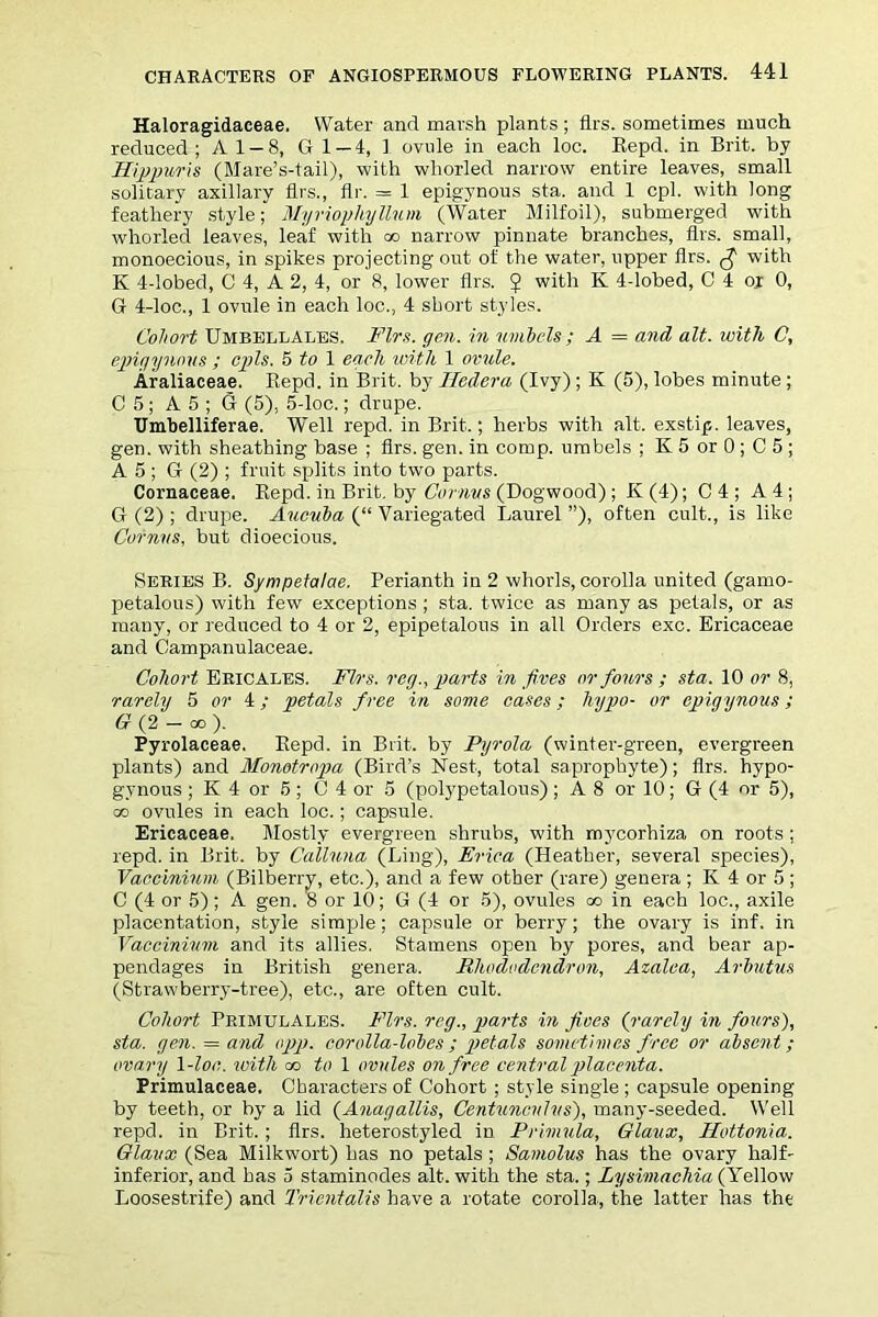 Haloragidaceae. Water and marsh plants ; firs, sometimes much reduced; A 1 — 8, G 1 — 4, 1 ovule in each loc. Repd. in Brit, by Hippwis (Mare’s-tail), with whorled narrow entire leaves, small solitary axillary firs., fir. - 1 epigynous sta. and 1 cpl. with long feathery style; Myriophyllum (Water Milfoil), submerged with whorled leaves, leaf with oo narrow pinnate branches, firs, small, monoecious, in spikes projecting out of the water, upper firs. $ with K 4-lobed, C 4, A 2, 4, or 8, lower firs. 5 with K 4-lobed, C 4 or 0, G 4-loc., 1 ovule in each loc., 4 short styles. Cohort UmbellAles. Firs. gen. in umbels ; A = and alt. with C, epigynous ; opls. 5 to 1 each with 1 ovule. Araliaceae. Repd. in Brit, by Hedera (Ivy) ; K (5), lobes minute ; C 5 ; A5; G (5), 5-loc.; drupe. Umbelliferae. Well repd. in Brit.; herbs with alt. exstip. leaves, gen. with sheathing base ; firs. gen. in comp, umbels ; K 5 or 0 ; C 5 ; A 5 ; G (2) ; fruit splits into two parts. Cornaceae. Repd. in Brit, by Cornvs (Dogwood) ; K (4); C 4 ; A 4 ; G (2) ; drupe. Aucuba (“ Variegated Laurel ”), often cult., is like Cornvs, but dioecious. Series B. Sympetalae. Perianth in 2 whorls, corolla united (gamo- petalous) with few exceptions ; sta. twice as many as petals, or as many, or reduced to 4 or 2, epipetalous in all Orders exc. Ericaceae and Campanulaceae. Cohort Ericales. Firs. reg., parts in fives or fours ; sta. 10 or 8, rarely 5 or 4; petals f ree in some cases; hypo- or epigynous; G (2 — oo ). Pyrolaceae. Eepd. in Brit, by Pyrola (winter-green, evergreen plants) and Monotropa (Bird’s Nest, total saprophyte); firs, hypo- gynous ; K 4 or 5; C 4 or 5 (polypetalous); A 8 or 10; G (4 or 5), oo ovules in each loc.; capsule. Ericaceae. Mostly evergreen shrubs, with mycorhiza on roots ; repd. in Brit, by Calluna (Ling), Erica (Heather, several species), Vaccinium (Bilberry, etc.), and a few other (rare) genera ; K 4 or 5 ; C (4 or 5); A gen. 8 or 10; G (4 or 5), ovules oo in each loc., axile placentation, style simple; capsule or berry; the ovary is inf. in Vaccinium and its allies. Stamens open by pores, and bear ap- pendages in British genera. Rhododendron, Azalea, Arbutus (Strawberry-tree), etc., are often cult. Cohort Primulales. Firs, reg., parts in fives (rarely in fours), sta. gen. = and opp. corolla-lobes ; petals sometimes free or absent ; ovary 1 -loc. tvith <x> to 1 ovules on free central pilacenta. Primulaceae. Characters of Cohort ; style single ; capsule opening by teeth, or by a lid (Anagallis, Centunculvs), many-seeded. Well repd. in Brit.; firs, heterostyled in Primula, Glaux, Hottonia. Glaux (Sea Milkwort) has no petals ; Samolus has the ovary half- inferior, and has 5 staminodes alt. with the sta.; Lysimachia (Yellow Loosestrife) and Trientalis have a rotate corolla, the latter has the