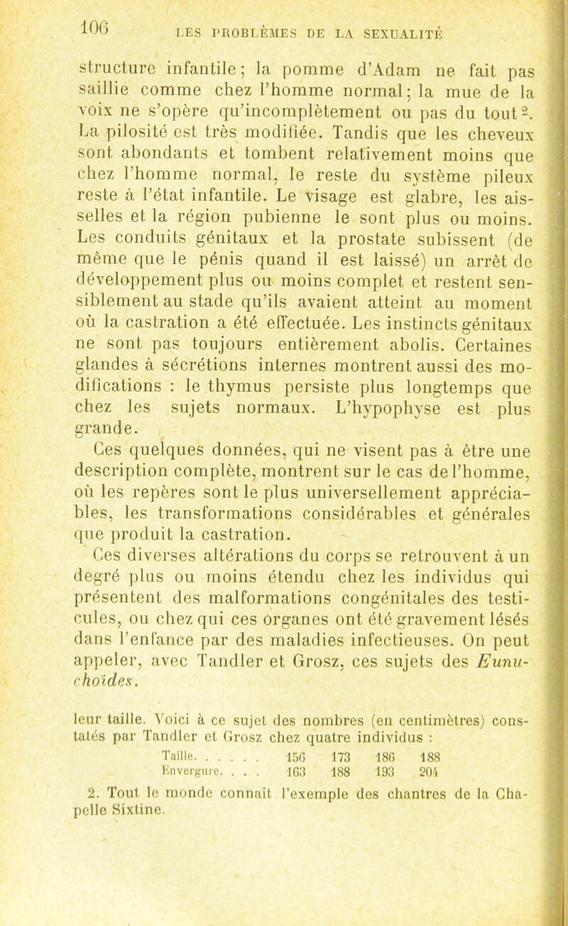 structure infantile; la pomme d’Adam ne fait pas saillie comme chez l’homme normal; la mue de la voix ne s’opère qu’incomplètement ou pas du tout2. La pilosité est très modifiée. Tandis que les cheveux sont abondants et tombent relativement moins que chez l’homme normal, le reste du système pileux reste à l’état infantile. Le visage est glabre, les ais- selles et la région pubienne le sont plus ou moins. Les conduits génitaux et la prostate subissent (de même que le pénis quand il est laissé) un arrêt de développement plus ou moins complet et restent sen- siblement au stade qu’ils avaient atteint au moment où la castration a été effectuée. Les instincts génitaux ne sont pas toujours entièrement abolis. Certaines glandes à sécrétions internes montrent aussi des mo- difications : le thymus persiste plus longtemps que chez les sujets normaux. L’hypophyse est plus grande. Ces quelques données, qui ne visent pas à être une description complète, montrent sur le cas de l’homme, où les repères sont le plus universellement apprécia- bles, les transformations considérables et générales que produit la castration. Ces diverses altérations du corps se retrouvent à un degré plus ou moins étendu chez les individus qui présentent des malformations congénitales des testi- cules, ou chez qui ces organes ont été gravement lésés dans l’enfance par des maladies infectieuses. On peut appeler, avec Tandler et Grosz, ces sujets des Eunu- choïdes. leur taille. Voici à ce sujet des nombres (en centimètres) cons- tatés par Tandler et Grosz chez quatre individus : Taille 15G 173 186 188 Envergure. . . . 163 188 193 204 2. Tout le monde connaît l’exemple des chantres de la Cha- pelle Sixline.