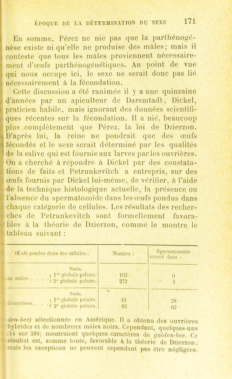 En somme, Pérez ne nie pas que la parlhénogé- 1 nèse existe ni qu’elle ne produise des mâles; mais il : conteste que tous les mâles proviennent nécessaire- ! ment d’œufs parthénogénétiques. Au point de vue i qui nous occupe ici, le sexe ne serait donc pas lié nécessairement à la fécondation. Cette discussion a été ranimée il y a une quinzaine d’années par un apiculteur de Darsmtadt, Diclcel, I praticien habile, mais ignorant des données scientifi- ques récentes sur la fécondation. 11 a nié, beaucoup plus complètement que Pérez. la loi de Dzierzon. i D’après lui, la reine ne pondrait que des œufs i.‘ fécondés et le sexe serait déterminé par les qualités de la salive qui est fournie aux larves parles ouvrières. On a cherché à répondre à Dickel par des constata- . tions de faits et Petrunkevitch a entrepris, sur des : œufs fournis par Dickel lui-même, de vérifier, à l’aide de la technique histologique actuelle, la présence ou l’absence du spermatozoïde dans les œufs pondus dans f chaque catégorie de cellules. Les résultats des recher- r ches de Petrunkevitch sont formellement favora- bles à la théorie de Dzierzon, comme le montre le fc tableau suivant : (JE ufs pondus dans des cellules : Nombre : Spermatozoïde trouvé dans : de mâles . Stade. ( l“r globule polaire. i 2e globule polaire. 103 272 0 1 d'ouvrières. Slnde. t l, r globule polaire. 19 t 2e globule polaire. 62 28 62 den-bee) sélectionnée en Amérique. Il a obtenu des ouvrières hybrides et de nombreux mâles noirs. Cependant, quelques-uns (14 sur 300) montraient quelques caractères de golden-bee. Ce résultat est, somme toute, favorable à la théorie de Dzierzon ; mais les exceptions ne peuvent cependant pas être négligées!