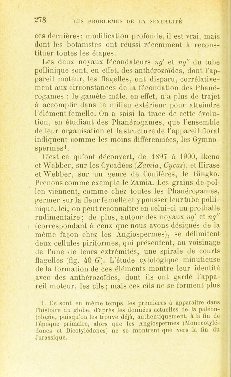 ces dernières: modification profonde, il est vrai, mais dont les botanistes ont réussi récemment à recons- tituer toutes les étapes. Les deux noyaux fécondateurs ng' et ng du tube pollinique sont, en effet, des anthérozoïdes, dont l’ap- pareil moteur, les flagelles, ont disparu, corrélative- ment aux circonstances de la fécondation des Phané- rogames : le gamète mâle, en effet, n’a plus de trajet à accomplir dans le milieu extérieur pour atteindre l’élément femelle. On a saisi la trace de cette évolu- tion, en étudiant des Phanérogames, que l’ensemble de leur organisation et la structure de l’appareil floral indiquent comme les moins différenciées, les Gymno- spermes1. C’est ce qu’ont découvert, de 1897 à 1900, Ikeno et Webber, sur les Cycadées (.Zamia, Cycas), et Ilirase et Webber, sur un genre de Conifères, le Gingko. Prenons comme exemple le Zamia. Les grains de pol- len viennent, comme chez toutes les Phanérogames, germer sur la fleur femelle et ypousser leurtube polli- nique. Ici, on peut reconnaître en celui-ci un prothalle rudimentaire ; de plus, autour des noyaux ng' et ng (correspondant à ceux que nous avons désignés de la même façon chez les Angiospermes), se délimitent deux cellules piriformes, qui présentent, au voisinage de l’une de leurs extrémités, une spirale de courts flagelles (fig. 40 G). L’étude cytologique minutieuse de la formation de ces éléments montre leur identité avec des anthérozoïdes, dont ils ont gardé l’appa- reil moteur, les cils; mais ces cils ne se forment plus 1. Ce sont en môme temps les premières à apparaître dans l’histoire du globe, d’après les données actuelles de la paléon- tologie, puisqu’on les trouve déjà, authentiquement, à la fin de l’époque primaire, alors que les Angiospermes (Monocotylé- dones et Dicotylédones) ne se montrent que vers la lin du Jurassique.