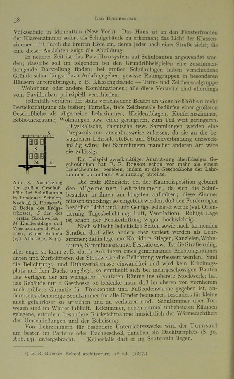 Volksschule in Manhattan (New York). Das Haus ist an den Fensterfronten der Klassenzimmer sofort als Schulgebäude zu erkennen; das Licht der Klassen- zimmer tritt durch die breiten Höfe ein, deren jeder nach einer Straße sieht; die eine dieser Ansichten zeigt die Abbildung. In neuerer Zeit ist das Pavillonsystem auf Schulbauten angewendet wor- den; dasselbe soll im folgenden bei den Grundrißbeispielen eine zusammen- hängende Darstellung finden; bei großen Schulanlagen haben verschiedene Gründe schon längst dazu Anlaß gegeben, gewisse Raumgruppen in besonderen Häusern unterzubringen, z. B. Klassengebäude — Turn- und Zeichensaalgruppe — Wohnhaus, oder andere Kombinationen; alle diese Versuche sind allerdings vom Pavillonbau prinzipiell verschieden. Jedenfalls verdient der stark verschiedene Bedarf an Geschoßhöhen mehr Berücksichtigung als bisher; Turnsäle, tiefe Zeichensäle bedürfen einer größeren Geschoßhöhe als allgemeine Lehrzimmer; Kleiderablagen, Konferenzzimmer, Bibliothekräume, Wohnungen usw. einer geringeren, zum Teil weit geringeren. Physikalische, chemische usw. Sammlungen werden eine Ersparnis nur ausnahmsweise zulassen, da sie an die be- züglichen Lehrsäle stoßen und Stufenverbindung unzweck- mäßig wäre; bei Sammlungen mancher anderen Art wäre sie zulässig. Ein Beispiel zweckmäßiger Ausnutzung überflüssiger Ge- schoßhöhen hat E. R. Robson schon vor mehr als einem Menschenalter gegeben, indem er die Geschoßhöhe der Lehr- zimmer zu anderer Ausnutzung abteilte. Die erste Rücksicht bei der Raumdisposition gebührt den allgemeinen Lehrzimmern, da sich die Schul- besucher in ihnen am längsten aufhalten; diese Zimmer müssen unbedingt so eingeteilt werden, daß den Forderungen bezüglich Licht und Luft Genüge geleistet werde (vgl. Orien- tierung, Tagesbelichtung, Luft, Ventilation). Ruhige Lage is{ schon der Fensterlüftung wegen hochwichtig. Nach schlecht belichteten Seiten sowie nach lärmenden Straßen darf alles andere eher verlegt werden als Lehr- zimmer ; dahin lege man Korridore, Stiegen, Kanzleien, Wohn- räume, Sammlungsräume, Festsäle usw. Ist die Straße ruhig, aber enge, so kann z. B. durch Anbringen eines gemeinsamen Erholungsraumes unten und Zurücktreten der Stockwerke die Belichtung verbessert werden. Sind die Belichtungs- und Ruheverhältnisse einwandfrei und wird kein Erholungs- platz auf dem Dache angelegt, so empfiehlt sich bei mehrgeschossigen Bauten das Verlegen der am wenigsten benutzten Räume ins oberste Stockwerk; hat das Gebäude nur 2 Geschosse, so bedenke man, daß im oberen von vornherein auch größere Garantie für Trockenheit und Fußbodenwärme gegeben ist, an- dererseits ebenerdige Schulzimmer für alle Kinder bequemer, besonders für kleine auch gefahrloser zu erreichen und zu verlassen sind. Schulzimmer über Tor- wegen sind im Winter fußkalt. Eckzimmer, neben normal unbeheizten Räumen gelegene, erfordern besondere Rücksichtnahme hinsichtlich der M ärmedichtheit der Umschließungen und der Beheizung. Von Lehrzimmern für besondere Unterrichtszwecke wird der Turnsaal am besten im Parterre oder Dachgeschoß, daneben ein Dachturnplatz (S. 30, Abb. 13), untergebracht. — Keinesfalls darf er im Souterrain liegen. s 1 I I 'I I I' I n I n'T iii K SSi M E Abb. 18. Ausnützung der großen Geschoß- höhe bei Schulbauten in Londoner Schulen. Nach E. R. Robson^). E Boden des Erdge- schosses , S der des ersten Stockwerks, M Kleiderablage und Waschzimmer d. Mäd- chen, K der Knaben (vgl. Abb. 22,23 S.44). q E. R. Robson, School architccturc. 2^ ed. (1877.)