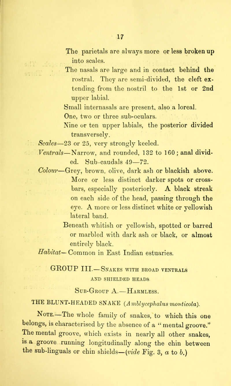 The parietals are always more or less broken up into scales. The nasals are large and in contact behind the rostral. They are semi-divided, the cleft ex- tending from the nostril to the 1st or 2nd upper labial. Small internasals are present, also a loreal. One, two or three sub-oculars. Nine or ten upper labials, the posterior divided transversely. Scales—23 or 25, very strongly keeled. Ventrals—Narrow, and rounded, 132 to 160 ; anal divid- ed. Sub-caudals 49—72. Colour—Grey, brown, olive, dark ash or blackish above. More or less distinct darker spots or cross- bars, especially posteriorly. A black streak on each side of the head, passing through the eye. A more or less distinct white or yellowish lateral band. Beneath whitish or yellowish, spotted or barred or marbled with dark ash or black, or almost entirely black. Habitat— Common in East Indian estuaries. GBOUP III.—Snakes with broad ventrals AND SHIELDED HEADS Sub-Group A.—Harmless. 1HE BLUNT-HEADED SNAKE (Amblycephalus monticola). Note.—The whole family of snakes, to which this one belongs, is characterised by the absence of a “ mental groove.” The mental groove, which exists in nearly all other snakes, is a groove running longitudinally along the chin between the sub-linguals or chin shields—(vide Fig. 3, a to b.)