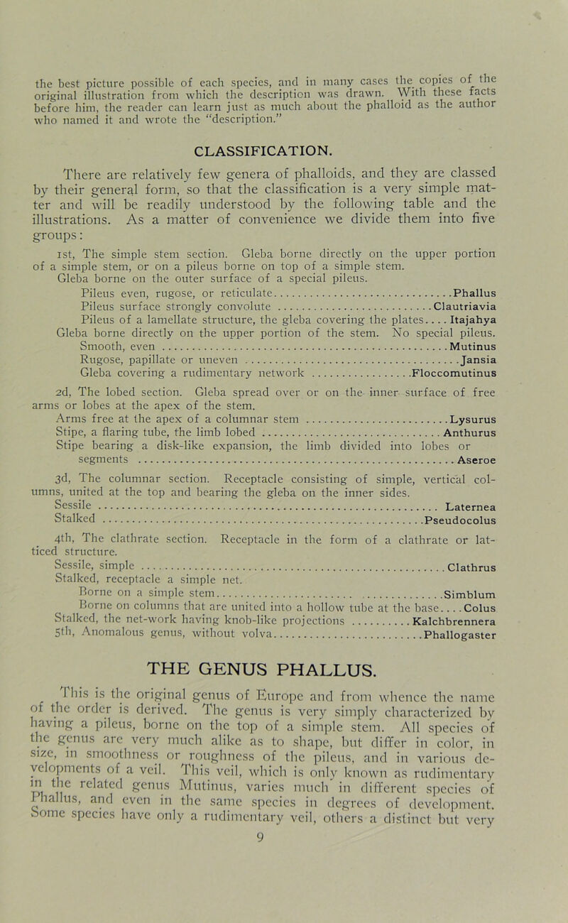 the best picture possible of each species, and in many cases the copies of the original illustration from which the description was drawn. With these facts before him, the reader can learn just as much about the phalloid as the author who named it and wrote the “description.” CLASSIFICATION. There are relatively few genera of phalloids, and they are classed by their general form, so that the classification is a very simple mat- ter and will be readily understood by the following table and the illustrations. As a matter of convenience we divide them into five groups: ist, The simple stem section. Gleba borne directly on the upper portion of a simple stem, or on a pileus borne on top of a simple stem. Gleba borne on the outer surface of a special pileus. Pileus even, rugose, or reticulate Phallus Pileus surface strongly convolute Clautriavia Pileus of a lamellate structure, the gleba covering the plates.... Itajahya Gleba borne directly on the upper portion of the stem. No special pileus. Smooth, even Mutinus Rugose, papillate or uneven Jansia Gleba covering a rudimentary network Floccomutinus 2d, The lobed section. Gleba spread over or on the inner surface of free arms or lobes at the apex of the stem. Arms free at the apex of a columnar stem Lysurus Stipe, a flaring tube, the limb lobed Anthurus Stipe bearing a disk-like expansion, the limb divided into lobes or segments Aseroe 3d, The columnar section. Receptacle consisting of simple, vertical col- umns, united at the top and bearing the gleba on the inner sides. Sessile Laternea Stalked Pseudocolus 4th, The clathrate section. Receptacle in the form of a clathrate or lat- ticed structure. Sessile, simple Clathrus Stalked, receptacle a simple net. Borne on a simple stem Simblum Borne on columns that are united into a hollow tube at the base... .Colus Stalked, the net-work having knob-like projections Kalchbrennera 5th, Anomalous genus, without volva Phallogaster THE GENUS PHALLUS. Ibis is the original genus of Europe and from whence the name of the order is derived. The genus is very simply characterized by having a pileus, borne on the top of a simple stem. All species of the genus are very much alike as to shape, but differ in color, in size, in smoothness or roughness of the pileus, and in various de- velopments of a veil. 'I his veil, which is only known as rudimentary r>i u re^ec^ ffem!s Mutinus, varies much in different species of 1 hall us, and even in the same species in degrees of development, borne species have only a rudimentary veil, others a distinct but very