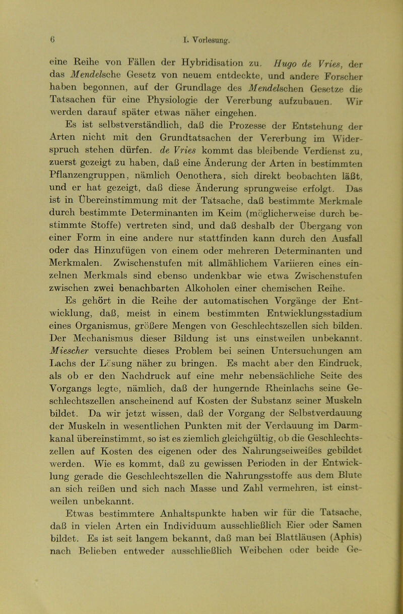 eine Reihe von Fällen der Hybridisation zu. Hwjo de Vries, der das Mendehc\\e Gesetz von neuem entdeckte, und andere Forscher haben begonnen, auf der Grundlage des Mendel sehen Gesetze die Tatsachen für eine Physiologie der Vererbung aufzubauen. Wir werden darauf später etwas näher eingehen. Es ist selbstverständlich, daß die Prozesse der Entstehung der Arten nicht mit den Grundtatsachen der Vererbung im Wider- spruch stehen dürfen, de Vries kommt das bleibende Verdienst zu, zuerst gezeigt zu haben, daß eine Änderung der Arten in bestimmten Pflanzengruppen, nämlich Oenothera, sich direkt beobachten läßt, und er hat gezeigt, daß diese Änderung sprungweise erfolgt. Das ist in Übereinstimmung mit der Tatsache, daß bestimmte Merkmale durch bestimmte Determinanten im Keim (möglicherweise durch be- stimmte Stoffe) vertreten sind, und daß deshalb der Übergang von einer Form in eine andere nur stattfinden kann durch den Ausfall oder das Hinzufügen von einem oder mehreren Determinanten und Merkmalen. Zwischenstufen mit allmählichem Variieren eines ein- zelnen Merkmals sind ebenso undenkbar wie etwa Zwischenstufen zwischen zwei benachbarten Alkoholen einer chemischen Reihe. Es gehört in die Reihe der automatischen Vorgänge der Ent- wicklung, daß, meist in einem bestimmten Entwicklungsstadium eines Organismus, größere Mengen von Geschlechtszellen sich bilden. Der Mechanismus dieser Bildung ist uns einstweilen unbekannt. Miescher versuchte dieses Problem bei seinen Untersuchungen am Lachs der Lösung näher zu bringen. Es macht aber den Eindruck, als ob er den Nachdruck auf eine mehr nebensächliche Seite des Vorgangs legte, nämlich, daß der hungernde Rheinlachs seine Ge- schlechtszellen anscheinend auf Kosten der Substanz seiner Muskeln bildet. Da wir jetzt wissen, daß der Vorgang der Selbstverdauung der Muskeln in wesentlichen Punkten mit der Verdauung im Darm- kanal übereinstimmt, so ist es ziemlich gleichgültig, ob die Geschlechts- zellen auf Kosten des eigenen oder des Nahrungseiweißes gebildet werden. Wie es kommt, daß zu gewissen Perioden in der Entwick- lung gerade die Geschlechtszellen die Nahrungsstoffe aus dem Blute an sich reißen und sich nach Masse und Zahl vermehren, ist einst- weilen unbekannt. Etwas bestimmtere Anhaltspunkte haben wir für die Tatsache, daß in vielen Arten ein Individuum ausschließlich Eier oder Samen bildet. Es ist seit langem bekannt, daß man bei Blattläusen (Aphis) nach Belieben entweder ausschließlich Weibchen oder beide Ge-