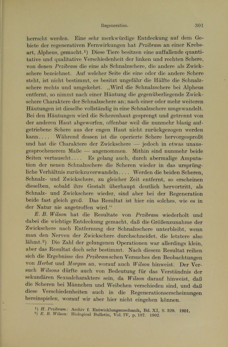 herrscht werden. Eine sehr merkwürdige Entdeckung auf dem Ge- biete der regenerativen Fernwirkungen hat Przibram an einer Krebs- art, Alpheus, gemacht.1) Diese Tiere besitzen eine auffallende quanti- tative und qualitative Verschiedenheit der linken und rechten Schere, von denen Przibram die eine als Schnalzschere, die andere als Zwick- schere bezeichnet. Auf welcher Seite die eine oder die andere Schere steht, ist nicht bestimmt, es besitzt ungefähr die Hälfte die Schnalz- schere rechts und umgekehrt. „Wird die Schnalzschere bei Alpheus entfernt, so nimmt nach einer Häutung die gegenüberliegende Zwick- schere Charaktere der Schnalzschere an; nach einer oder mehr weiteren Häutungen ist dieselbe vollständig in eine Schnalzschere umgewandelt. Bei den Häutungen wird die Scherenhaut gesprengt und getrennt von der anderen Haut abgeworfen, offenbar weil die nunmehr blasig auf- getriebene Schere aus der engen Haut nicht zurückgezogen werden kann.... Während dessen ist die operierte Schere hervorgesproßt und hat die Charaktere der Zwickschere — jedoch in etwas unaus- gesprochenerem Maße — angenommen. Mithin sind nunmehr beide Seiten vertauscht.... Es gelang auch, durch abermalige Amputa- tion der neuen Schnalzschere die Scheren wieder in das ursprüng- liche Verhältnis zurückzuverwandeln. . . . Werden die beiden Scheren, Schnalz- und Zwickschere, zu gleicher Zeit entfernt, so erscheinen dieselben, sobald ihre Gestalt überhaupt deutlich hervortritt, als Schnalz- und Zwickschere wieder, sind aber bei der Regeneration beide fast gleich groß. Das Resultat ist hier ein solches, wie es in der Natur nie angetroffen wird.“ E. B. Wilson hat die Resultate von Przibram wiederholt und dabei die wichtige Entdeckung gemacht, daß die Größenzunahme der Zwickschere nach Entfernung der Schnalzschere unterbleibt, wenn man den Nerven der Zwickschere durchschneidet, die letztere also lähmt.2) Die Zahl der gelungenen Operationen war allerdings klein, aber das Resultat doch sehr bestimmt. Nach diesem Resultat reihen sich die Ergebnisse des Pra&ramschen Versuches den Beobachtungen von Herbst und Morgan an, worauf auch Wilson hinweist. Der Ver- such Wilsons dürfte auch von Bedeutung für das Verständnis der sekundären Sexualcharaktere sein, da Wilson darauf hinweist, daß die Scheren bei Männchen und Weibchen verschieden sind, und daß diese Verschiedenheiten auch in die Regenerationserscheinungen hereinspielen, worauf wir aber hier nicht eingehen können. q H. Przibram: Archiv f. Entwicklungsmechanik, Bd. XI, S. 329. 1901. 2) E. B. Wilson: Biological Bulletin, Vol. IV, p. 197. 1902.