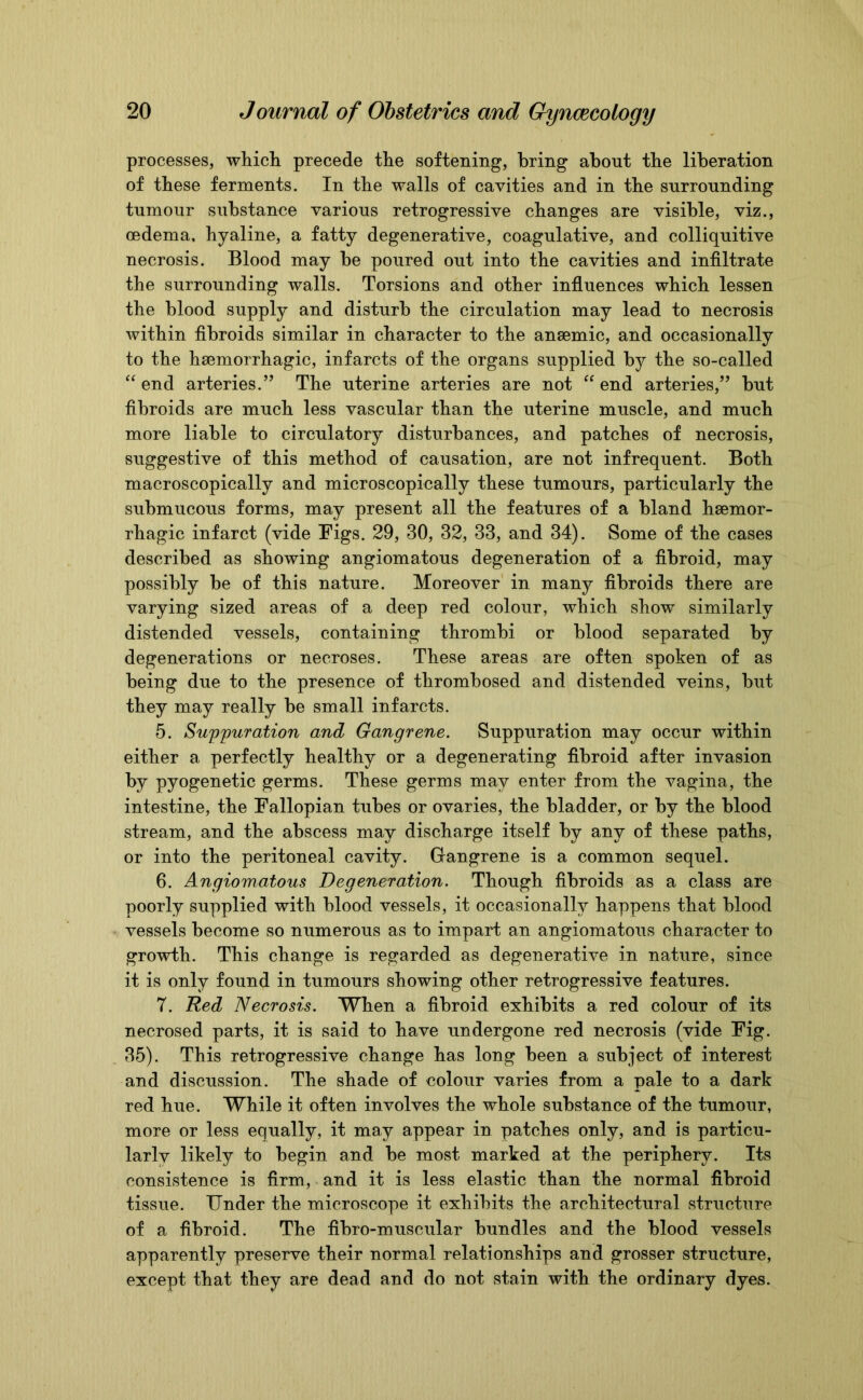 processes, which precede the softening, bring about the liberation of these ferments. In the walls of cavities and in the surrounding tumour substance various retrogressive changes are visible, viz., oedema, hyaline, a fatty degenerative, coagulative, and colliquitive necrosis. Blood may be poured out into the cavities and infiltrate the surrounding walls. Torsions and other influences which lessen the blood supply and disturb the circulation may lead to necrosis within fibroids similar in character to the anaemic, and occasionally to the haemorrhagic, infarcts of the organs supplied by the so-called “ end arteries.” The uterine arteries are not “ end arteries,” but fibroids are much less vascular than the uterine muscle, and much more liable to circulatory disturbances, and patches of necrosis, suggestive of this method of causation, are not infrequent. Both macroscopically and microscopically these tumours, particularly the submucous forms, may present all the features of a bland hsemor- rhagic infarct (vide Figs. 29, 30, 32, 33, and 34). Some of the cases described as showing angiomatous degeneration of a fibroid, may possibly be of this nature. Moreover in many fibroids there are varying sized areas of a deep red colour, which show similarly distended vessels, containing thrombi or blood separated by degenerations or necroses. These areas are often spoken of as being due to the presence of thrombosed and distended veins, but they may really be small infarcts. 5. Suppuration and Gangrene. Suppuration may occur within either a perfectly healthy or a degenerating fibroid after invasion by pyogenetic germs. These germs may enter from the vagina, the intestine, the Fallopian tubes or ovaries, the bladder, or by the blood stream, and the abscess may discharge itself by any of these paths, or into the peritoneal cavity. Gangrene is a common sequel. 6. Angiomatous Degeneration. Though fibroids as a class are poorly supplied with blood vessels, it occasionally happens that blood vessels become so numerous as to impart an angiomatous character to growth. This change is regarded as degenerative in nature, since it is only found in tumours showing other retrogressive features. 7. Red Necrosis. When a fibroid exhibits a red colour of its necrosed parts, it is said to have undergone red necrosis (vide Fig. 35). This retrogressive change has long been a subject of interest and discussion. The shade of colour varies from a pale to a dark red hue. While it often involves the whole substance of the tumour, more or less equally, it may appear in patches only, and is particu- larly likely to begin and be most marked at the periphery. Its consistence is firm, and it is less elastic than the normal fibroid tissue. Under the microscope it exhibits the architectural structure of a fibroid. The fibro-muscular bundles and the blood vessels apparently preserve their normal relationships and grosser structure, except that they are dead and do not stain with the ordinary dyes.