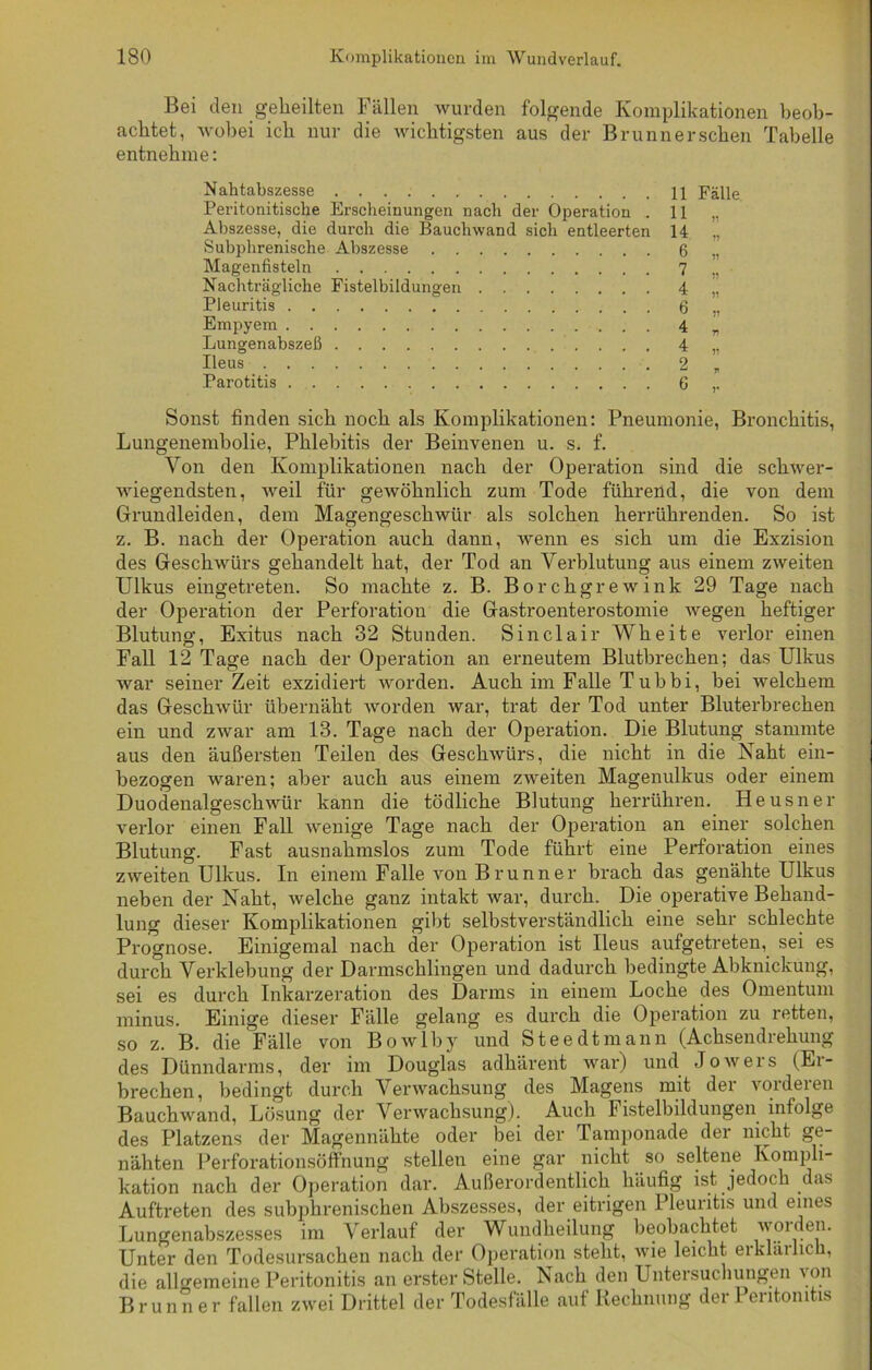 Bei den geheilten Fällen wurden folgende Komplikationen beob- achtet, wobei ich nur die wichtigsten aus der Brunn er sehen Tabelle entnehme: Nahtabszesse Peritonitische Erscheinungen nach der Operation . Abszesse, die durch die Bauchwand sich entleerten Subphrenische Abszesse Magenfisteln Nachträgliche Fistelbildungen Pleuritis Empyem Lungenabszeß Ileus Parotitis 11 Fälle 11 „ 14 „ 6 „ 7 „ 4 „ 6 ,, 4 4 2 6 n V Sonst finden sich noch als Komplikationen: Pneumonie, Bronchitis, Lungenembolie, Phlebitis der Beinvenen u. s. f. Von den Komplikationen nach der Operation sind die schwer- wiegendsten, weil für gewöhnlich zum Tode führend, die von dem Grundleiden, dem Magengeschwür als solchen herrührenden. So ist z. B. nach der Operation auch dann, wenn es sich um die Exzision des Geschwürs gehandelt hat, der Tod an Verblutung aus einem zweiten Ulkus eingetreten. So machte z. B. Borchgrewink 29 Tage nach der Operation der Perforation die Gastroenterostomie wegen heftiger Blutung, Exitus nach 32 Stunden. Sinclair Wheite verlor einen Fall 12 Tage nach der Operation an erneutem Blutbrechen; das Ulkus war seinerZeit exzidiert worden. Auch im Falle Tubbi, bei welchem das Geschwür übernäht worden war, trat der Tod unter Bluterbrechen ein und zwar am 13. Tage nach der Operation. Die Blutung stammte aus den äußersten Teilen des Geschwürs, die nicht in die Naht ein- bezogen waren; aber auch aus einem zweiten Magenulkus oder einem Duodenalgeschwür kann die tödliche Blutung herrühren. Heusner verlor einen Fall wenige Tage nach der Operation an einer solchen Blutung. Fast ausnahmslos zum Tode führt eine Perforation eines zweiten Ulkus. In einem Falle von Brunner brach das genähte Ulkus neben der Naht, welche ganz intakt war, durch. Die operative Behand- lung dieser Komplikationen gibt selbstverständlich eine sehr schlechte Prognose. Einigemal nach der Operation ist Ileus aufgetreten, sei es durch Verklebung der Darmschlingen und dadurch bedingte Abknickung, sei es durch Inkarzeration des Darms in einem Loche des Omentum minus. Einige dieser Fälle gelang es durch die Operation zu retten, so z. B. die Fälle von Bowlby und Steedtmann (Achsendrehung des Dünndarms, der im Douglas adhärent war) und Jo weis (.Ei - brechen, bedingt durch Verwachsung des Magens mit der vorderen Bauchwand, Lösung der Verwachsung). Auch Fistelbildungen infolge des Platzens der Magennähte oder bei der Tamponade der nicht ge- nähten Perforationsöffnung stellen eine gar nicht so seltene Kompli- kation nach der Operation dar. Außerordentlich häufig ist jedoch das Auftreten des subphrenischen Abszesses, der eitrigen Pleuritis und eines Lungenabszesses im Verlauf der Wundheilung beobachtet worden. Unter den Todesursachen nach der Operation steht, wie leicht erkläilich, die allgemeine Peritonitis an erster Stelle. Nach den Untersuchungen von Brunner fallen zwei Drittel der Todesfälle auf Rechnung der 1 eritomtis