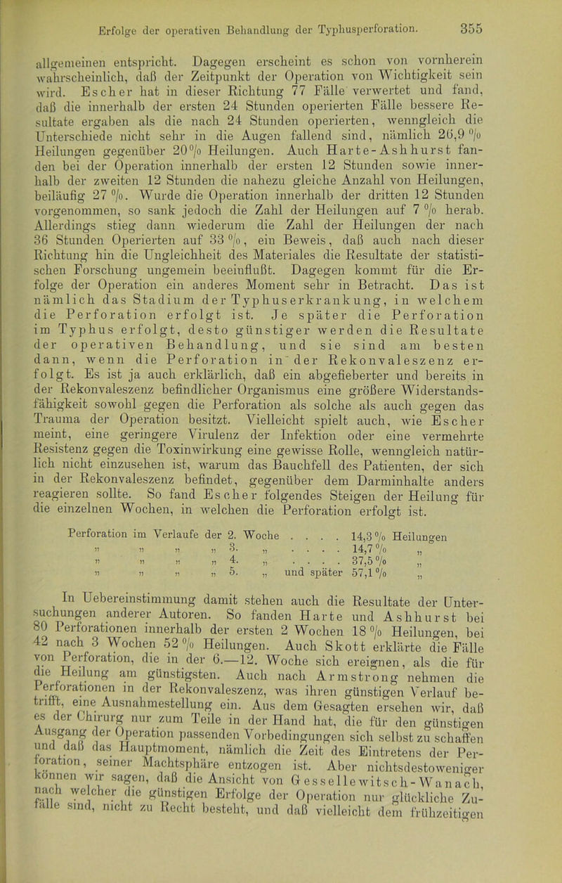 allgemeinen entspricht. Dagegen erscheint es schon von vornherein wahrscheinlich, daß der Zeitpunkt der Operation von Wichtigkeit sein wird. Es eher hat in dieser Richtung 77 Fälle verwertet und fand, daß die innerhalb der ersten 24 Stunden operierten Fälle bessere Re- sultate ergaben als die nach 24 Stunden operierten, wenngleich die Unterschiede nicht sehr in die Augen fallend sind, nämlich 2(5,9 °/o Heilungen gegenüber 20°/o Heilungen. Auch Harte-Ashhurst fan- den bei der Operation innerhalb der ersten 12 Stunden sowie inner- halb der zweiten 12 Stunden die nahezu gleiche Anzahl von Heilungen, beiläufig 27 °/o. Wurde die Operation innerhalb der dritten 12 Stunden vorgenommen, so sank jedoch die Zahl der Heilungen auf 7 °/o herab. Allerdings stieg dann wiederum die Zahl der Heilungen der nach 36 Stunden Operierten auf 33 °/o, ein Beweis, daß auch nach dieser Richtung hin die Ungleichheit des Materiales die Resultate der statisti- schen Forschung ungemein beeinflußt. Dagegen kommt für die Er- folge der Operation ein anderes Moment sehr in Betracht. Das ist nämlich das Stadium d er Typhus erkrank ung, in welchem die Perforation erfolgt ist. Je später die Perforation im Typhus erfolgt, desto günstiger werden die Resultate der operativen Behandlung, und sie sind am besten dann, wenn die Perforation in cler Rekonvaleszenz er- folgt. Es ist ja auch erklärlich, daß ein abgefieberter und bereits in der Rekonvaleszenz befindlicher Organismus eine größere Widerstands- fähigkeit sowohl gegen die Perforation als solche als auch gegen das Trauma der Operation besitzt. Vielleicht spielt auch, wie Es eher meint, eine geringere Virulenz der Infektion oder eine vermehrte Resistenz gegen die Toxinwirkung eine gewisse Rolle, wenngleich natür- lich nicht einzusehen ist, warum das Bauchfell des Patienten, der sich in der Rekonvaleszenz befindet, gegenüber dem Darminhalte anders reagieren sollte. So fand Es eher folgendes Steigen der Heilung für die einzelnen Wochen, in welchen die Perforation erfolgt ist. o Perforation im Verlaufe der 2. Woche .... 14,3% Heilungen In Uebereinstimmung damit stehen auch die Resultate der Unter- suchungen anderer Autoren. So fanden Harte und Ashhurst bei 80 Perforationen innerhalb der ersten 2 Wochen 18 °/o Heilungen, bei 42 nach 3 Wochen 52 °/o Heilungen. Auch Skott erklärte die Fälle von Perforation, die in der 6.—12. Woche sich ereignen, als die für die Heilung am günstigsten. Auch nach Armstrong nehmen die I errorationen in der Rekonvaleszenz, was ihren günstigen Verlauf be- tnttt, eine Ausnahmestellung ein. Aus dem Gesagten ersehen wir, daß es der hirurg nur zum Teile in der Hand hat, die für den günstigen Ausgang der Operation passenden Vorbedingungen sich selbst zu schaffen und daß das Hauptmoment, nämlich die Zeit do« P.mfmfnr,* ,i„,. r>„,. .... 14,7% .... 37,5% und später 57,1 %