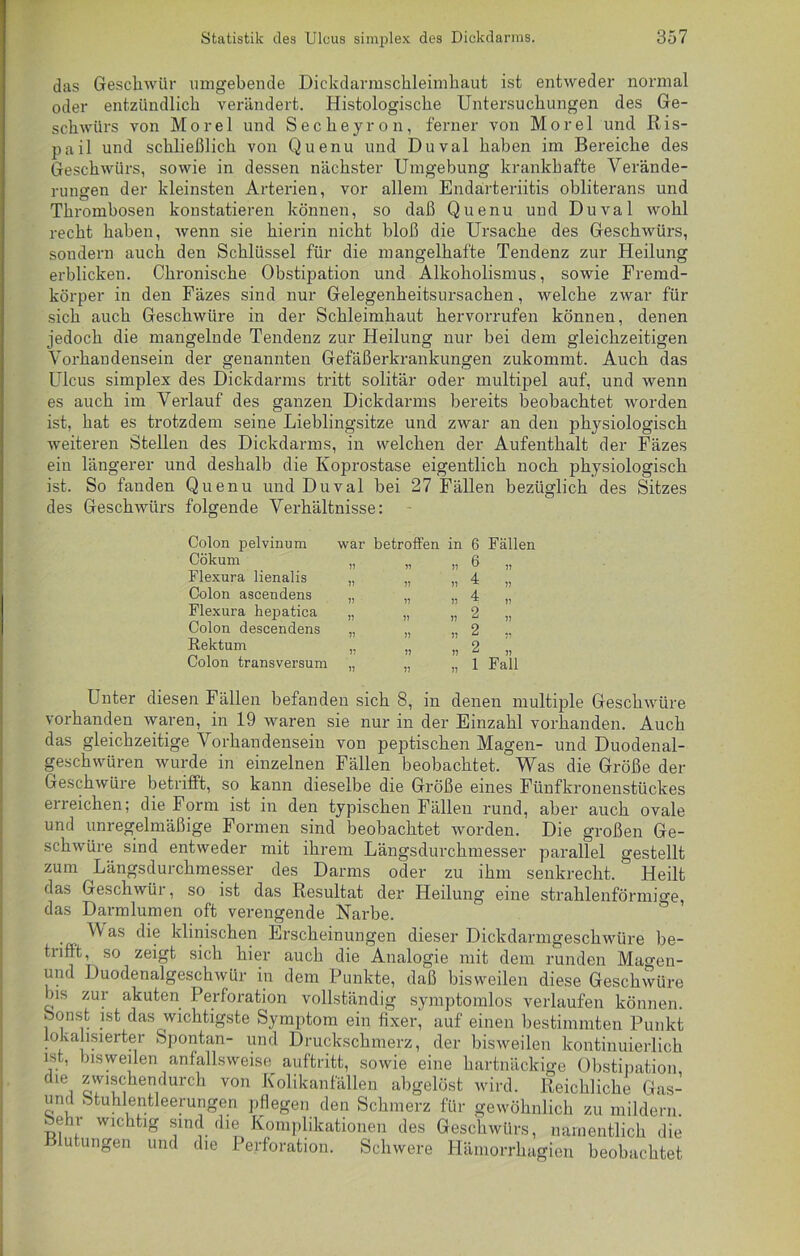 das Geschwür umgebende Dickdarmschleimhaut ist entweder normal oder entzündlich verändert. Histologische Untersuchungen des Ge- schwürs von Morel und Secheyron, ferner von Morel und Ris- pail und schließlich von Quenu und Duval haben im Bereiche des Geschwürs, sowie in dessen nächster Umgebung krankhafte Verände- rungen der kleinsten Arterien, vor allem Endarteriitis obliterans und Thrombosen konstatieren können, so daß Quenu und Duval wohl recht haben, wenn sie hierin nicht bloß die Ursache des Geschwürs, sondern auch den Schlüssel für die mangelhafte Tendenz zur Heilung erblicken. Chronische Obstipation und Alkoholismus, sowie Fremd- körper in den Fäzes sind nur Gelegenheitsursachen, welche zwar für sich auch Geschwüre in der Schleimhaut hervorrufen können, denen jedoch die mangelnde Tendenz zur Heilung nur bei dem gleichzeitigen Vorhandensein der genannten Gefäßerkrankungen zukommt. Auch das Ulcus simplex des Dickdarms tritt solitär oder multipel auf, und wenn es auch im Verlauf des ganzen Dickdarms bereits beobachtet worden ist, hat es trotzdem seine Lieblingsitze und zwar an den physiologisch weiteren Stellen des Dickdarms, in welchen der Aufenthalt der Fäzes ein längerer und deshalb die Koprostase eigentlich noch physiologisch ist. So fanden Quenu und Duval bei 27 Fällen bezüglich des Sitzes des Geschwürs folgende Verhältnisse: Colon jielvmum Cökum Flexura lienalis Colon ascendens Flexura hepatica Colon descendens Rektum Colon transversum war betroffen in 6 Fällen )! 11 !) Ü )) )! I) 11 4 )) )! 11 11 ^ „ 9 ii ii ii “ ii ii ii ii 2 ,, ii ii n 2 „ ii ti ii 1 Fall Unter diesen Fällen befanden sich 8, in denen multiple Geschwüre vorhanden waren, in 19 waren sie nur in der Einzahl vorhanden. Auch das gleichzeitige Vorhandensein von peptischen Magen- und Duodenal- geschwüren wurde in einzelnen Fällen beobachtet. Was die Größe der Geschwüre betrifft, so kann dieselbe die Größe eines Fünfkronenstückes eneichen; die Form ist in den typischen Fällen rund, aber auch ovale und unregelmäßige Formen sind beobachtet worden. Die großen Ge- schwüre sind entweder mit ihrem Längsdurchmesser parallel gestellt zum Längsdurchmesser des Darms oder zu ihm senkrecht. Heilt das Geschwüi, so ist das Resultat der Heilung eine strahlenförmige, das Darmlumen oft verengende Narbe. . , ^ as die klinischen Erscheinungen dieser Dickdarmgeschwüre be- trifft, so zeigt sich hier auch die Analogie mit dem runden Mao-en- und Duodenalgeschwür in dem Punkte, daß bisweilen diese Geschwüre bis zur akuten Perforation vollständig symptomlos verlaufen können, bonst ist das wichtigste Symptom ein fixer^ auf einen bestimmten Punkt lokalisierter Spontan- und Druckschmerz, der bisweilen kontinuierlich ist, bisweilen anfallsweise auftritt, sowie eine hartnäckige Obstipation die zwischendurch von Kolikanfällen abgelöst wird. Reichliche Gas- und btuhlentleerungen pflegen den Schmerz für gewöhnlich zu mildern. Sehr wichtig sind die Komplikationen des Geschwürs, namentlich die utungen und die 1 erforation. Schwere Hämorrhagien beobachtet