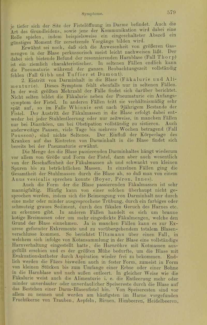 je tiefer sich der Sitz der Fistelöffnung im Darme befindet. Auch che Art des Grundleidens, sowie jene der Kommunikation wird dabei eine Rolle spielen, indem beispielsweise ein eingeschalteter Abszeß ein Günstiges Moment für zersetzende Vorgänge bilden wird. Erwähnt sei noch, daß sich die Anwesenheit von größeren Gas- mengen in der Blase perkussorisch meist leicht nachweisen läßt. Der dabei sich bietende Befund der resonnierenden Harnblase (Fall Thorp) ist ein ziemlich charakteristischer. In seltenen Fällen endlich kann die Pneumaturie während der ganzen Beobachtungszeit vollständig fehlen (Fall Gibb und Tuffier et Dumont). 2. Eintritt von Darminhalt in die Blase (Fäkalurie und Ah- men tu rie). Dieses Symptom fehlt ebenfalls nur in seltenen Fällen. In der weit größten Mehrzahl der Fälle findet sich darüber berichtet. Nicht selten bildet die Fäkalurie neben der Pneumaturie ein Anfangs- symptom der Fistel. In anderen Fällen tritt sie verhältnismäßig sehr spät auf, so im Falle Wh in nie erst nach 9jährigem Bestände der Fistel. Der Austritt der Fäkalmassen in die Blase erfolgt dabei ent- weder bei jeder Stuhlentleerung oder nur zeitweise, in manchen Fällen nur bei Diarrhöen, um bei Obstipation vollständig zu sistieren. Auch anderweitige Pausen, viele Tage bis mehrere Wochen betragend (Fall Pousson), sind nichts Seltenes. Der Einfluß der Körperlage des Kranken auf das Eintreten von Darminhalt in die Blase findet sich bereits bei der Pneumaturie erwähnt. Die Menge des die Blase passierenden Darminhaltes hängt wiederum vor allem von Größe und Form der Fistel, dann aber auch wesentlich von der Beschaffenheit der Fäkalmassen ab und schwankt von kleinen Spuren bis zu beträchtlichen Massen. In einzelnen Fällen ging die Gesamtheit der Stuhlmassen durch die Blase ab, so daß man von einem Anus vesicalis sprechen konnte (Boyer, Peron, Innes). Auch die Form der die Blase passierenden Fäkalmassen ist sehr mannigfaltig. Häufig kann von einer solchen überhaupt nicht ge- sprochen werden, indem sich die Beimengung von Darminhalt nur durch eine mehr oder minder ausgesprochene Trübung, durch ein farbiges oder schmutzig graues Sediment, durch den fäkalen Geruch des Harnes etc. zu erkennen gibt. In anderen Fällen handelt es sich um braune kotige Breimassen oder um mehr eingedickte Fäkalmengen, welche den Grund der Blase einnehmen. Ja in manchen Fällen kann es zur Ex- urese geformter Exkremente und zu vorübergehendem totalem Blasen- verschlusse kommen. So berichtet Ultzmann über einen Fall, in welchem sich infolge von Kotansammlung in der Blase eine vollständige Harnverhaltung eingestellt hatte, die Harnröhre mit Kotmassen aus- gefüllt erschien und es der größten Mühe bedurfte, um die Blase mit Evakuationskatheter durch Aspiration wieder frei zu bekommen. End- lich werden die Fäzes bisweilen auch in fester Form, zumeist in Form von kleinen Stücken bis zum Umfange einer Erbse oder einer Bohne in die Harnblase und nach außen entleert. In gleicher Weise wie die Fäkalurie weist auch die Alimenturie i. e. die Entleerung mehr oder minder unverdauter oder unverdaulicher Speisereste durch die Blase auf das Bestehen einer Darm-Blasenfistel hin. Von Speiseresten sind vor allem zu nennen und werden am häufigsten im Harne vorgefunden Fruchtkerne von Trauben, Aepfeln, Birnen, Himbeeren, Heidelbeeren,