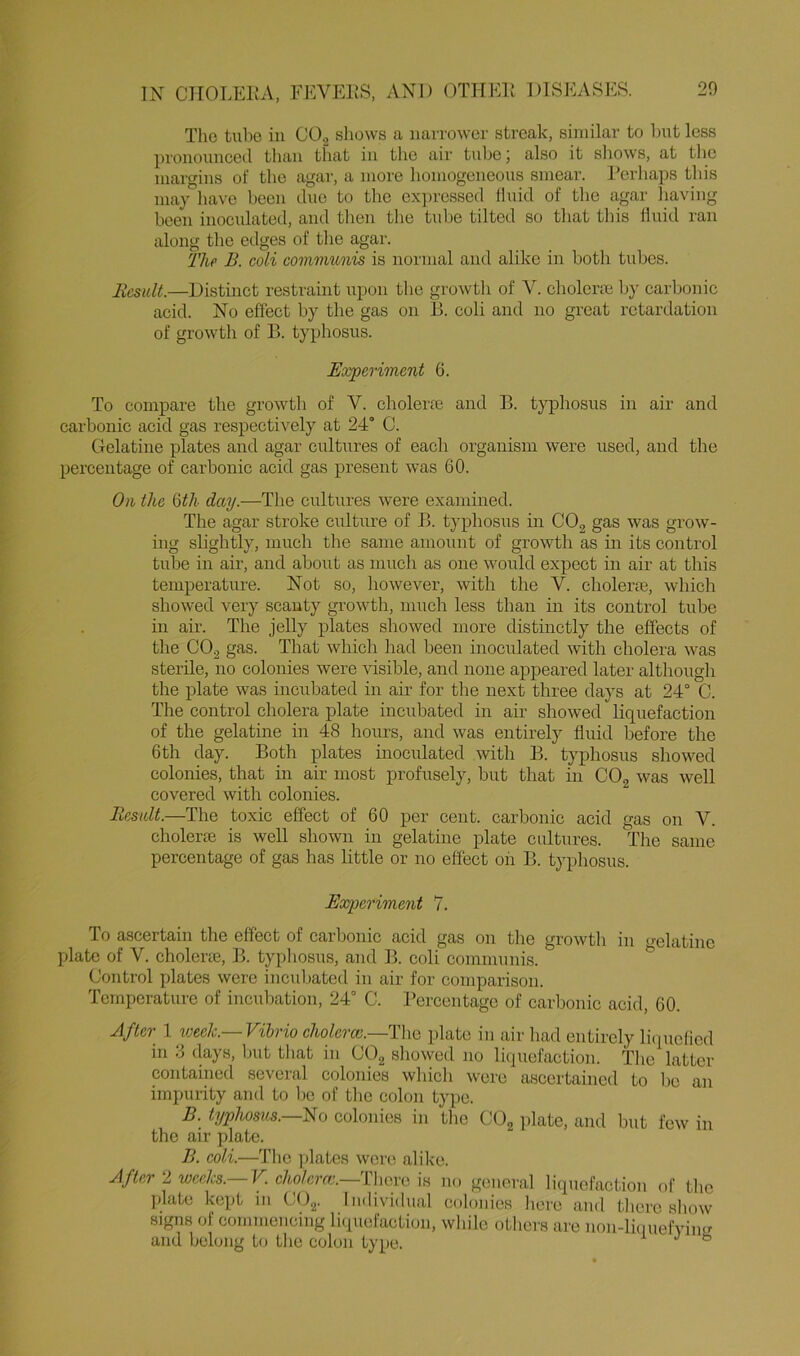 Tlie tube iu CO.2 shows a iiaiTower streak, similar to but less proiiouiieed tliau that iu the air tubealso it shows, at the margins of the agar, a luore homogeneous smear. Perhaps this may have been due to the expressed fluid of the agar having been inocidated, and then the tube tilted so that tins fluid ran along the edges of the agar. The B. coli communis is normal and alike in both tubes. Result.—Distinct restraint upon the growth of V. cholene by carbonic acid. No effect by the gas on B. coli and no great retardation of growth of B. typhosus. Experiment 6. To compare the growth of V. cholene and B. typhosus in air and carbonic acid gas respectively at 24° C. Gelatine plates and agar cultures of each organism were used, and the percentage of carbonic acid gas present was 60. On the ioth day.—The cultures were examined. The agar stroke culture of B. typhosus in COg gas was grow- ing slightly, much the same amount of growth as in its control tube in air, and about as much as one would expect in air at this temperature. Not so, however, with the V. cholerie, which showed very scanty growth, much less than in its control tube in air. The jelly plates showed more distinctly the effects of the GO.j gas. That which had been inoculated with cholera was sterile, no colonies were visible, and none appeared later although the plate was incubated in air for the next three days at 24° C. The control cholera plate incubated in air showed liquefaction of the gelatine in 48 hours, and was entirely fluid before the 6th day. Both plates inoculated with B. typhosus showed colonies, that in air most profusely, but that in COg was well covered with colonies. Result.—The toxic effect of 60 per cent, carbonic acid gas on V. cholerte is well shown in gelatine plate cultures. The same percentage of gas has little or no effect oh B. typhosus. Experiment 7. To ascertain the effeet of carbonic acid gas on the growth in celatine plate of V. cholerte, B. typhosus, and B. coli communis. Control fjlates were incubated in air for comparison. Temperature of incubation, 24° C. Percentage of carbonic acid, 60. After 1 week.—Vibrio cholercc.—T\\Q plate in air had entirely li(iucfied in 8 days, but that in COg showed no liquefaction. The latter contained several colonies which ^v•cro ascertained to be an impurity and to be of the colon type. B. typhosus.—Vio colonies in the COg i)late, and but few in the air plate. B. coli.—The plates were alike. After Z weeks. V. cholera:. 1 here is no general liquefaction of the plate kept in CO2. Individual colonies here and there show signs of commencing liquefaction, while others are non-lhiuefvinu and belong to the colon type. 1 j b
