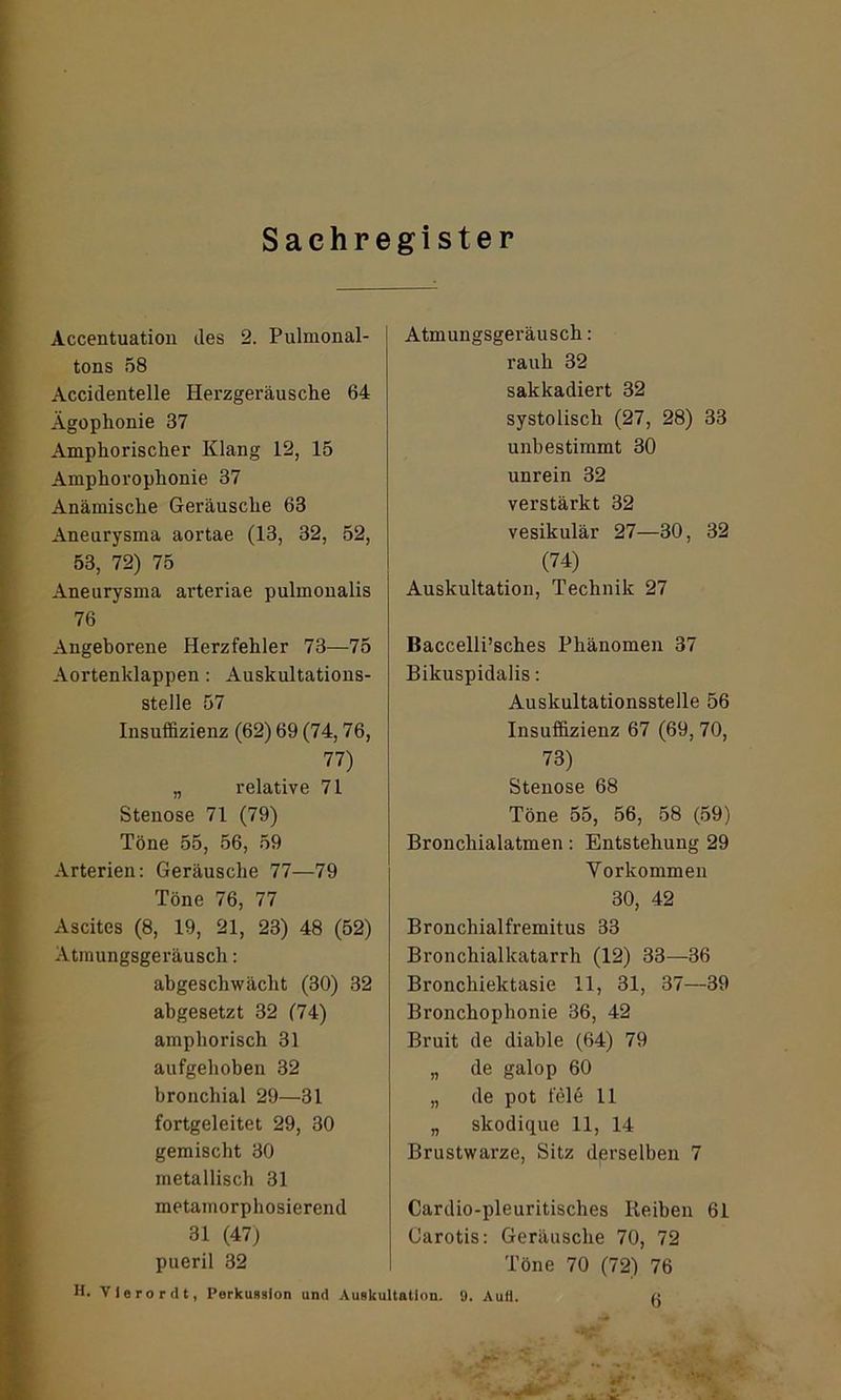 Sachregister Accentuation des 2. Pulmonal- tons 58 Accidentelle Herzgeräusche 64 Ägophonie 37 Amphorischer Klang 12, 15 Amphoroplionie 37 Anämische Geräusche 63 Aneurysma aortae (13, 32, 52, 53, 72) 75 Aneurysma ai’teriae pulmonalis 76 Angeborene Herzfehler 73—75 Aortenklappen: Auskultations- stelle 57 Insuffizienz (62) 69 (74,76, 77) „ relative 71 Stenose 71 (79) Töne 55, 56, 59 Arterien: Geräusche 77—79 Töne 76, 77 Ascites (8, 19, 21, 23) 48 (52) Atmungsgeräusch: abgeschwächt (30) 32 abgesetzt 32 (74) amphorisch 31 aufgehoben 32 bronchial 29—31 fortgeleitet 29, 30 gemischt 30 metallisch 31 metamorphosierend 31 (47) pueril 32 H, Atmungsgeräusch: rauh 32 sakkadiert 32 systolisch (27, 28) 33 unbestimmt 30 unrein 32 verstärkt 32 vesikulär 27—30, 32 (74) Auskultation, Technik 27 Baccelli’sches Phänomen 37 Bikuspidalis: Auskultationsstelle 56 Insuffizienz 67 (69, 70, 73) Stenose 68 Töne 55, 56, 58 (59) Bronchialatmen: Entstehung 29 Vorkommen 30, 42 Bronchialfremitus 33 Bronchialkatarrh (12) 33—36 Bronchiektasie 11, 31, 37—39 Bronchophonie 36, 42 Bruit de diable (64) 79 „ de galop 60 „ de pot feie 11 „ skodique 11, 14 Brustwarze, Sitz derselben 7 Cardio-pleuritisches Reiben 61 Carotis: Geräusche 70, 72 Töne 70 (72) 76 Vierordt, Perkussion und Auskultation. 9. Aull.
