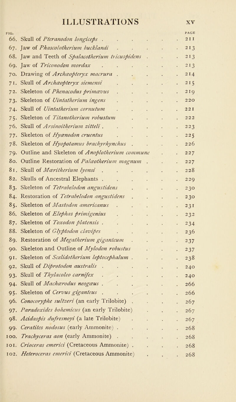 FIG. 66. Skull of Pteranodon longiceps .... 67. Jaw of Phascolother him buckla7idi 68. Jaw and Teeth of Spalacotherium h icuspidens . 69. Jaw of Tricoiwdon mordax .... 70. Drawing of Archceopteryx macnira . 71. oi Arch(2opteryx sie7ncnsi 72. Skeleton of Phenacodus primcevus 73. Skeleton of Uhitatherium inge?is 74. Skull of Umtathe7'ium cor7iutu77i 75. Skeleton of Tita7iotheriu77i robustiwi 76. Skull of A7'si7ioitheriu7)i zitteU .... 77. Skeleton of HycE7iodo7t crueTitus 78. Skeleton of Hyopota77ius brachyrhynchus . 79. Outline and Skeleton of A770plotheriu77i coiiwiimc 80. Outline Restoration of Palceotheriiun 77iag7tu77i . 81. Skull of Moerithe7-iu77i lyo7tsi .... 82. Skulls of Ancestral Elephants .... 83. Skeleton of TetrabelodoTi a7igustide7is 84. Restoration of Tetrabelodo7i angustideTts 85. Skeleton of Mastodo7i a77ierica7tus 86. Skeleton of Elephas prhiiigeTiius 87. Skeleton of Toxodo7i plateiisis .... 88. Skeleton of Glyptodo7i davipes 89. Restoration of Megatkeriu77i giga7iteu/7i 90. Skeleton and Outline of Mylodo7i robustus 91. Skeleton of Scelidotheriu77i lepiocephalimt . 92. Skull of DiprotodoTi australis .... 93. Skull of Thylacoleo carTtifex .... 94. Skull of Machcerodus Tteogi^us .... 95. Skeleton of Cervus gigafiteus .... 96. CoTtocoryphe sultze7'i (an early Trilobite) . 97. Paradoxides boheiiiicus (an early Trilobite) 98. Addaspis duf7'es7toyi (a late Trilobite) 99. Ceratites 7iodosus (early Ammonite) . 100. Trachyc€7'as ao7i (early Ammonite) . 101. Crioc67'as e77terid (Cretaceous Ammonite) . 102. Heteroc67'as C77ie7id {Qretaceons hxnvnon\te) PAGE 2 I I 213 213 213 214 215 219 220 22 1 222 223 225 226 227 227 228 229 230 230 231 232 234 236 237 237 238 240 240 266 266 267 267 267 268 268 268 268