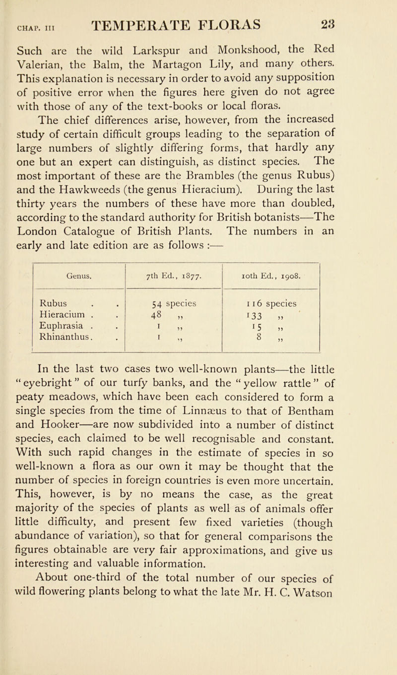 CHAP. Ill Such are the wild Larkspur and Monkshood, the Red Valerian, the Balm, the Martagon Lily, and many others. This explanation is necessary in order to avoid any supposition of positive error when the figures here given do not agree with those of any of the text-books or local floras. The chief differences arise, however, from the increased study of certain difficult groups leading to the separation of large numbers of slightly differing forms, that hardly any one but an expert can distinguish, as distinct species. The most important of these are the Brambles (the genus Rubus) and the Hawkweeds (the genus Hieracium). During the last thirty years the numbers of these have more than doubled, according to the standard authority for British botanists—The London Catalogue of British Plants. The numbers in an early and late edition are as follows :— Genus. 7th Ed., 1877. loth Ed., 1908. Rubus Hieracium . Euphrasia . Rhinanthus. 1 54 species 48 I I 116 species 133 „ 15 „ 8 „ In the last two cases two well-known plants—the little “ eyebright ” of our turfy banks, and the “ yellow rattle ” of peaty meadows, which have been each considered to form a single species from the time of Linnaeus to that of Bentham and Hooker—are now subdivided into a number of distinct species, each claimed to be well recognisable and constant. With such rapid changes in the estimate of species in so well-known a flora as our own it may be thought that the number of species in foreign countries is even more uncertain. This, however, is by no means the case, as the great majority of the species of plants as well as of animals offer little difficulty, and present few fixed varieties (though abundance of variation), so that for general comparisons the figures obtainable are very fair approximations, and give us interesting and valuable information. About one-third of the total number of our species of wild flowering plants belong to what the late Mr. H. C. Watson