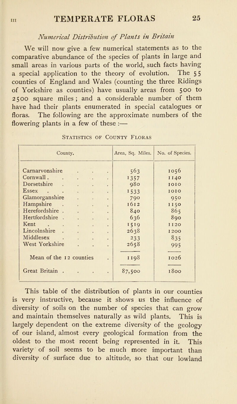 Numerical Distribution of Plants in Britain We will now give a few numerical statements as to the comparative abundance of the species of plants in large and small areas in various parts of the world, such facts having a special application to the theory of evolution. The 5 5 counties of England and Wales (counting the three Ridings of Yorkshire as counties) have usually areas from 500 to 2500 square miles ; and a considerable number of them have had their plants enumerated in special catalogues or floras. The following are the approximate numbers of the flowering plants in a few of these :— Statistics of County Floras County. Area, Sq. Miles. No. of Species. Carnarvonshire 563 1056 Cornwall..... 1357 1140 Dorsetshire .... 980 lOIO Essex ..... 1533 1010 Glamorganshire 790 950 Hampshire .... 1612 1150 Herefordshire .... 840 865 Hertfordshire .... 636 890 Kent ..... 1519 I I 20 Lincolnshire .... 2638 I 200 Middlesex .... 233 835 West Yorkshire 2658 995 Mean of the 12 counties I 198 1026 Great Britain .... 87,500 1800 This table of the distribution of plants in our counties is very instructive, because it shows us the influence of diversity of soils on the number of species that can grow and maintain themselves naturally as wild plants. This is largely dependent on the extreme diversity of the geology of our island, almost every geological formation from the oldest to the most recent being represented in it. This variety of soil seems to be much more important than diversity of surface due to altitude, so that our lowland