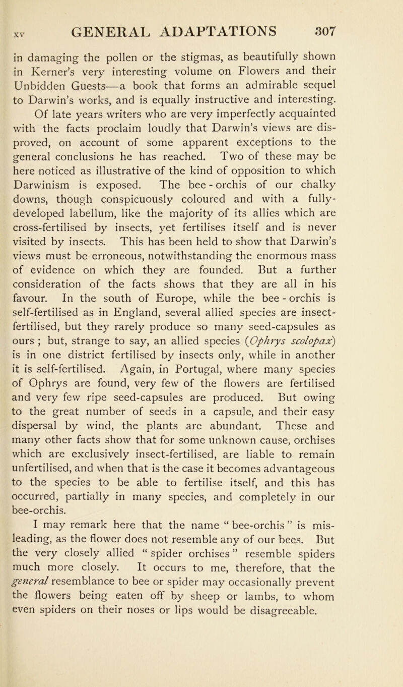 in damaging the pollen or the stigmas, as beautifully shown in Kerner’s very interesting volume on Flowers and their Unbidden Guests—a book that forms an admirable sequel to Darwin’s works, and is equally instructive and interesting. Of late years writers who are very imperfectly acquainted with the facts proclaim loudly that Darwin’s views are dis- proved, on account of some apparent exceptions to the general conclusions he has reached. Two of these may be here noticed as illustrative of the kind of opposition to which Darwinism is exposed. The bee - orchis of our chalky downs, though conspicuously coloured and with a fully- developed labellum, like the majority of its allies which are cross-fertilised by insects, yet fertilises itself and is never visited by insects. This has been held to show that Darwin’s views must be erroneous, notwithstanding the enormous mass of evidence on which they are founded. But a further consideration of the facts shows that they are all in his favour. In the south of Europe, while the bee - orchis is self-fertilised as in England, several allied species are insect- fertilised, but they rarely produce so many seed-capsules as ours ; but, strange to say, an allied species {Ophrys scolopax) is in one district fertilised by insects only, while in another it is self-fertilised. Again, in Portugal, where many species of Ophrys are found, very few of the flowers are fertilised and very few ripe seed-capsules are produced. But owing to the great number of seeds in a capsule, and their easy dispersal by wind, the plants are abundant. These and many other facts show that for some unknown cause, orchises which are exclusively insect-fertilised, are liable to remain unfertilised, and when that is the case it becomes advantageous to the species to be able to fertilise itself, and this has occurred, partially in many species, and completely in our bee-orchis. I may remark here that the name “ bee-orchis ” is mis- leading, as the flower does not resemble any of our bees. But the very closely allied “ spider orchises ” resemble spiders much more closely. It occurs to me, therefore, that the general resemblance to bee or spider may occasionally prevent the flowers being eaten off by sheep or lambs, to whom even spiders on their noses or lips would be disagreeable.