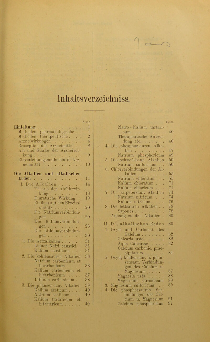 Inhaltsverzeichnis, A 0> Seite Einleitung 1 Methoden, pharmakologische . . 1 Methoden, therapeutische .... 2 Arzneiwirkungen 4 Resorption der Arzneimittel . . 8 Art und Stärke der Arzneiwir- kung 9 Einverleibungsmethoden d. Arz- neimittel 10 Die Alkalien und alkalischen Erden 11 I. Die Alkalien 14 Theorie der Abftihrwir- kung 18 Diuretische Wirkung . 19 Einfluss auf den Eiweiss- umsatz 20 Die Natriumverbindun- gen 20 Die Kaliumverbindun- gen 23 Die Lithiumverbindun- gen 30 1. Die Aetzalkalien 31 Liquor Natri caustici . 31 Kalium causticum ... 31 2. Die kohlensauren Alkalien 33 Natrium carbonicum et bicarbonicum .... 33 Kalium carbonicum et bicarbonicum .... 37 Lithium carbonicum . . 38 3. Die pflanzensaur. Alkalien 39 Kalium aceticum .... 40 Natrium aceticum ... 40 Kalium tartaricum et bitartaricum 40 Seite Natro - Kalium tartari- cum 40 Therapeutische A n Wen- dung etc 40 4. Die phosphorsauren Alka- lien 47 Natrium phosphoricum 49 5. Die schwefelsaur. Alkalien 50 Natrium sulfuricum . . 50 G. Chlorverbindungen der Al- kalien 55 Natrium chloratum . . 55 Kalium chloratum ... 71 Kalium cbloricum ... 71 7. Die salpetersaur. Alkalien 74 Natrium nitricum ... 74 Kalium nitricum .... 7G 8. Die fettsauren Alkalien . . 78 Sapones 78 Anhang zu den Alkalien . 80 II. Die alkalischen Erden 80 1. Oxyd und Carbonat des Calcium 82 Calcaria usta 82 Aqua Calcariae .... 82 Calcium carbonic. prae- cipitatum 84 2. Oxyd, kohlensaur. u. pflan- zensaur. Verbindun- gen des Calcium u. Magnesium 87 Magnesia usta 88 Magnesium carbonicum 89 3. Magnesium sulfuricum . . 89 4. Die phosphorsauren Ver- bindungen des Cal- cium u. Magnesium 91 Calcium phosphoricum 97