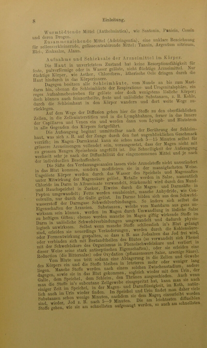 Wurmtö dtende Mittel (Anthelmintica), wie Santonin, Punicin, Cossin und deren Drogen. . . . Zusammenziehende Mittel (Adstringentia), eine unklare Bezeichnung für zellenverkleinernde, gefässcontrahirende Mittel: Tannin, Argentum mtricum, Blei-, Zinksalze, Alaun. Aufnahme und Schicksale der Arzneimittel im Körper. . Die Haut in unverletztem Zustand hat keine Resorptionsfähigkeit fiii feste nulverförmige oder in Wasser gelöste, nicht flüchtige Arzneimittel. Nui flüchtige Körper, wie Aether, Chloroform, ätherische Oele dringen durch die Haut hindurch in das Körperinnere. Dagegen besitzen alle Schleimhäute, vom Munde an bis zum Mast- darm hin, obenan die Schleimhäute der Respirations- und Urogemtalsphare, ein reges Aufnahmebestreben für gelöste oder doch wenigstens lösliche Körper: doch können auch feinzertheilte, feste und unlösliche Substanzen z. B. Kohle, durch die Schleimhaut in den Körper wandern und dort weite Wege rucklegen. ß der Diffusion ge]ien hier die Stoffe zu den oberflächlichen Zellen in die Zelleninterstitien und in die Lymphbahnen, ferner in das Innere der Capillaren und Venen ein und werden dann vom Lymph- und Blutstrom m all^^e|^nfsd^ beginnt unmittelbar nach der Berührung der Schleim- haut was sich z B. auf der Zunge durch den fast augenblicklichen Geschmack vOTäth im Magen-Dannkanal kann sie schon nach 5-15 Minuten selbst für p-rössere Arzneimengen vollendet sein, vorausgesetzt, dass der Magen nicht mit fu rossen Mengen Speisebreis angefüllt ist. Die Schnelligkeit der Aufsaugung wechselt sehr je nach der Diffusibilität der eingenommenen Mittel und je nach dCr ''dR1 Säfte6de^Verdmungscanales lassen viele Arzneistoffe n^J ^r^dert a 0 Ttint irrnnmen sondern modificiren sie m der mannigfachsten \\ en . ünSste^ Körne“«X dich das Wasser des Speichels und Magensaftes unter Mitwirkung der Magensäure gelöst, Metalle werden m Salze, namen Darm in unlösliche Schwefelverbindungen unigewandelt und dadurch p loriseh unwirksam. Selbst wenn manche Stoffe schliesslich in i s Blut gelan stad erleiden sie neuerdings Veränderungen, werden ^ch die Kohtasaure oder’ Fermentwirkung gespalten, so dass z- B' ;Vverhandelt sich Phenol orler verbinden sich mit Bestandtheilen des Blu v _pri*prf ;n riMe^Wei^sein^Tto^an^ife^U^nyi^n^cliafteny odw sie er^iden ^ne «« ss-Ä “rSriin^ lieh auch im Urin wieder Anden. Im Sp^el T^erleibt worden Substanzen schon wenige M am teiohtesten diffusiblen sind, wieder, Jod z. B. nach 5-9 Minut in. Die am uch am sotaeUsten Stoffe gehen, wie sie am schnellsten aufgesaugt vti ,