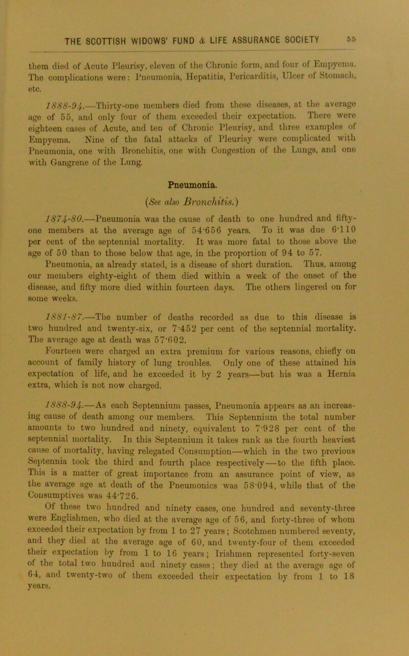 them died of Acute Pleurisy, eleven of the Chronic form, und four of Lnipyenia. The complications were: Pneumonia, Hepatitis, Pei’icarditis, Ulcer of Stomach, etc. lS88-9Jf.—Thirty-one members died from these diseases, at the average age of 55, and only four of them exceeded their expectation. There were eighteen cases of Acute, and ten of Chronic Pleurisy, and three examples of Kmpyema. Nine of the fatal attacks of Pleurisy were complicated with Pneumonia, one with Bronchiti.s, one with Congestion of the Lungs, and one with Gangrene of the Lung. Pneumonia. [See also Bronchitis.) L87If.-80.—Pneumonia was the cause of death to one hundred and fifty- one members at the average age of 54’656 years. To it was due G'llO per cent of the septennial mortality. It was more fatal to those above the age of 50 than to those below that age, in the proportion of 94 to 57. Pneumonia, as already stated, is a disease of short duration. Thus, among our members eighty-eight of them died within a week of the onset of the disease, and fifty more died within fourteen days. The others lingered on for some weeks. 1881-87.—The number of deaths recorded as due to this disease is two hundred and twenty-six, or 7'4 5 2 per cent of the septennial mortality. The average age at death was 57'G02. Fourteen were charged an extra premium for various reasons, chiefly on account of family history of lung troubles. Only one of these attained his expectation of life, and he exceeded it by 2 years—but his was a Hernia extra, which is not now charged. 1888-9Jf,.—As each Septennium passes. Pneumonia appears as an increas- ing cause of death among our members. This Septennium the total number amounts to two hundred and ninety, equivalent to 7'928 per cent of the septennial mortality. In this Septennium it takes rank as the fourth heaviest cause of mortality, having relegated Consumption—which in the two previous Septennia took the third and fourth place respectively—to the fifth place. This is a matter of great importance from an assurance point of view, as the average age at death of the Pneuinonics was 58*094, while that of the Consumptives was 44’726. Of these two huTidred and ninety cases, one hundred and seventy-three were Englishmen, who died at the average age of 56, and forty-three of whom exceeded their expectation by from 1 to 27 years; Scotchmen numbered seventy, and they died at the average age of 60, and twenty-four of them exceeded their expectation i)y from 1 to 16 years; Irishmen represented forty-seven of the total tw'o hundred and ninety cases; they died at the average age of 64, and twenty-two of them exceeded their expectation by from 1 to 18 years.