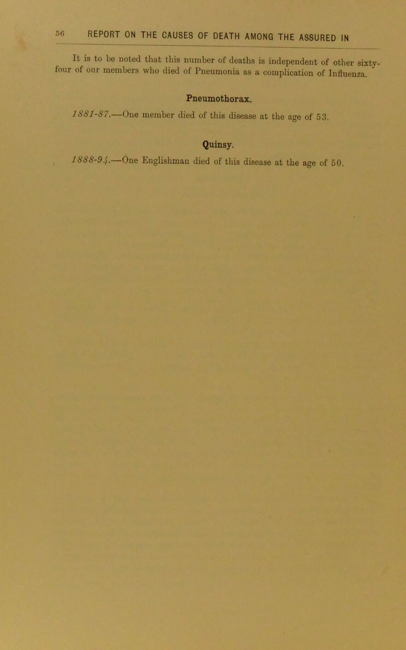 It IS to be noted that this number of deaths is independent of other sixty four of our members who died of Pneumonia as a complication of Influenza. Pneumothorax. 1S81-87.—One member died of this disease at the age of 53. Quinsy. 1888-94.—One Englishman died of this disease at the age of 50.