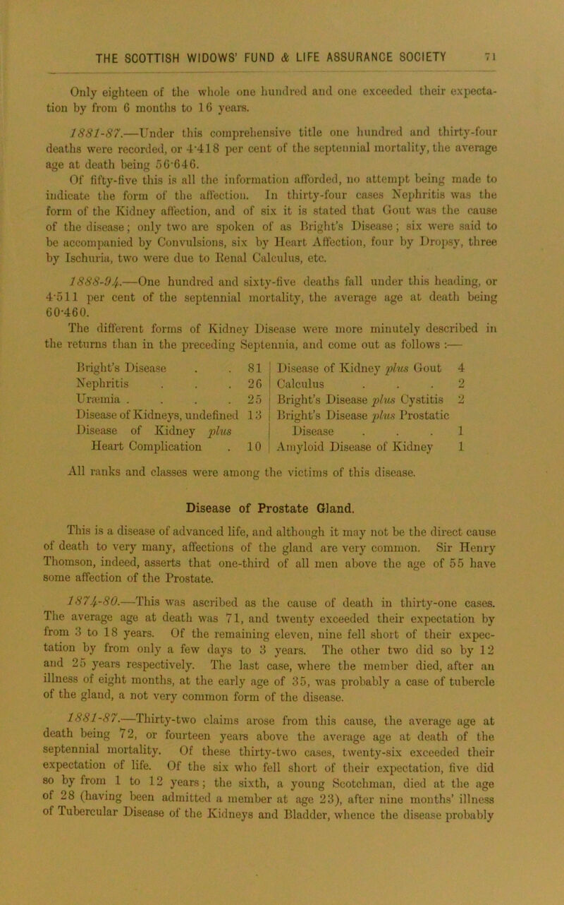 Only eigliteeu of the whole one hundred and one exceeded their expecta- tion by from 6 montlis to 16 yearn. 1S81-87.—Under this comprehensive title one hundred and thirty-four deaths were recorded, or -I'd 18 per cent of the septennial mortality, the average age at death being oG'646. Of fifty-five this is all the information afforded, no attempt being made to indicate the form of the alleetion. In thirty-four cases Nephritis was the form of the Kidney affection, and of six it is stated that (lout w'as the c^use of the disease; only two are spoken of ns Ihight’s Disease; six were said to be accompanied by Convulsions, six by Heart Affection, four l)y Dropsy, three by Ischuria, two were due to Eenal Calculus, etc. 1888-04..—One hundred and sixty-five deaths fall under this heading, or 4'511 per cent of the septennial mortality, the average age at death being 60-460. The different forms of Kidney Disease were more minutely described in the returns than in the preceding Septennia, and come out as follows :— Bright’s Disease . .81 j Disease of Kidney Gout 4 Nephritis . . . 26 | Calculus ... 2 Uriemia . . . . 25 ! Bright’s Disease Cystitis 2 Disease of Kidneys, undefined 13 | Bright’s Disease plus Brostatic Disease of Kidney plus { Disease ... 1 Heart Complication . 10 ; Amyloid Disease of Kidney 1 All ranks and classes were among the victims of this disease. Disease of Prostate Gland. This is a disease of advanced life, and although it may not be the direct cause of death to very many, affections of the gland are very common. Sir Henry Thomson, indeed, asserts that one-third of all men above the age of 55 have some affection of the Prostate. 1874-80.—This was ascribed as the cause of death in thirty-one cases. The average age at death was 71, and twenty exceeded their expectation by from 3 to 18 years. Of the remaining eleven, nine fell short of their expec- tation by froni only a few days to 3 years. The other two did so by 12 and 25 years respectively. The last case, where the member died, after an illness of eight months, at the early age of 35, was probably a case of tubercle of the gland, a not very common form of the disease. 1881-87,—Ihirty-two claims arose from this cause, the average age at death being 72, or fourteen yearn above the average age at death of the septennial mortality. Of these thirty-two cases, twenty-six exceeded their expectation of life. Of tlie six who fell short of their expectation, five did so by from 1 to 12 years; tlie sixth, a young Scotchman, died at the age of 28 (having been admitted a member at age 23), after nine months’ illness of Tubercular Disease of the Kidneys and Bladder, whence the disease probably